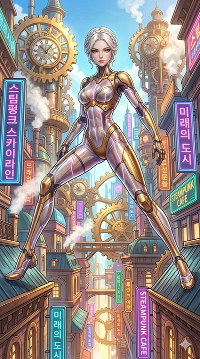 score_9, masterpiece, best quality, ultra-detailed, Set C: High-budget Anime Keyframe, Korean woman. Low angle cowboy shot filling the entire 9:16 frame with her statuesque presence. Leaping across the rooftops of a steampunk city. She has an absolut