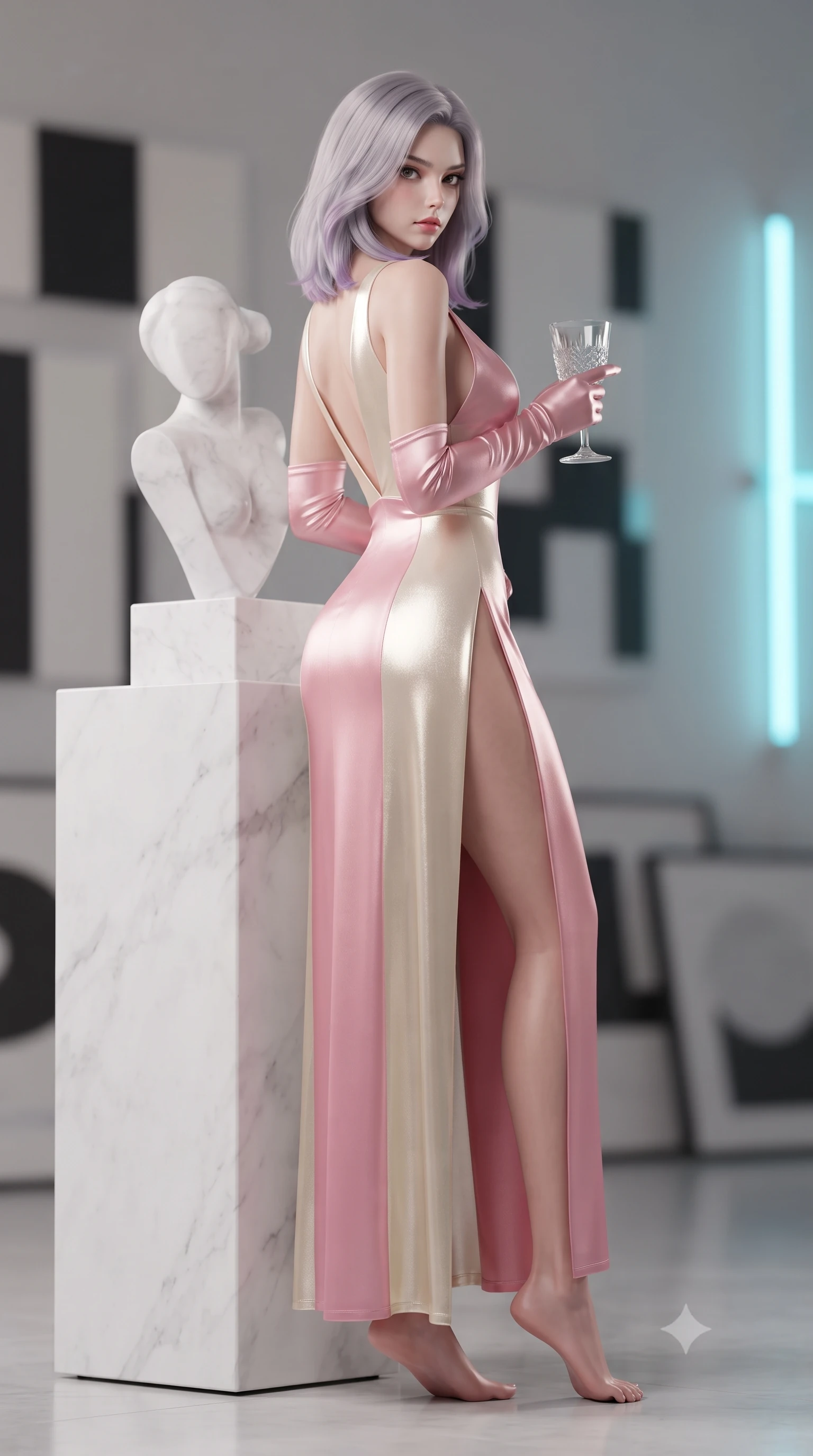 score_9, masterpiece, best quality, ultra-detailed, high-budget anime keyframe, editorial fashion photography, tasteful artistic composition, Caucasian woman. low angle full-body shot from head to toe showing her feet, filling the entire 9:16 vertical frame with her statuesque presence, stretching her vertical silhouette. posing with back turned slightly to the lens, glancing back with smoldering allure as she arches her lower back to emphasize her sculpted feminine hips and slender waist while leaning back against the pedestal of a minimalist marble sculpture with hips cocked, casting a cool, intellectual, and smoldering gaze at the camera. The composition keeps background elements in soft focus with creamy bokeh. monumental geometric op-art canvases and minimalist neon wall tubes blurred into crisp alabaster, charcoal, and electric cyan bokeh. She has an exceptionally tall and slender model-like 8.5-heads proportion, an ultra-slim waist, a flat toned midriff, narrow delicate ribcage, and beautifully sculpted feminine hips creating a graceful, slim hourglass silhouette without any bulky heaviness, with impossibly long slender legs. sharp v-shaped jawline, high-bridge nose, intricate jewel-like eyes with depth, thick eyelashes, glossy parted lips with a natural sheen, intensely captivating and seductive bedroom-eyes expression, flawlessly proportioned anatomical accuracy, strict slender model proportions, natural body alignment, perfectly sculpted long slender limbs, ultra-slim waistline, clean dynamic posture without body distortion. wearing a plunging-V neckline duchess satin gown with high side slits ascending to the high hip in sakura blossom pink and warm ivory, crafted from luxurious metallic lamé that shifts radiance with every step, accessorized with opera-length satin gloves and a vintage crystal glass, the liquid-tight tailored fabric clinging flawlessly to her narrow waist and rounded feminine hips, emphasizing every millimeter of her sculpted slim hourglass curves without any bulky heaviness. illuminated by sharp linear edge highlights defining her sculpted collarbones, ultra-slim waist, and curvy hips. ultra-reflective glossy finish, specular highlights, rich textural contrasts, high-contrast stereoscopic depth, volumetric dynamic lighting, 2k, ultra detail, master piece, 9:16 ratio