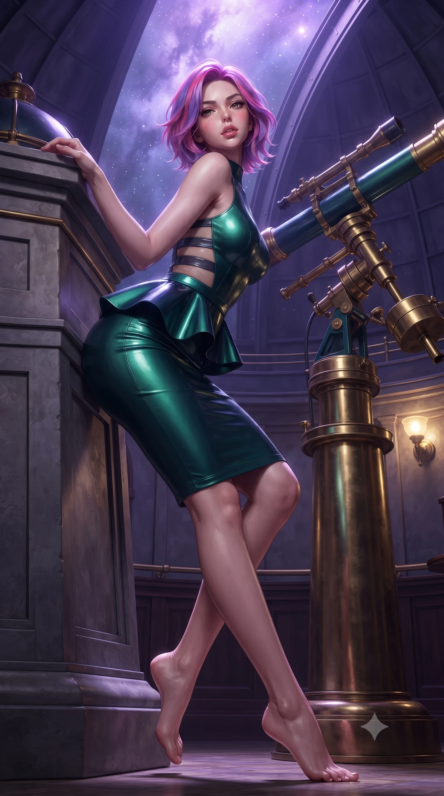 score_9, masterpiece, best quality, ultra-detailed, high-budget anime keyframe, editorial fashion photography, tasteful artistic composition, Caucasian woman. low angle full-body shot from head to toe showing her feet, filling the entire 9:16 vertical frame with her statuesque presence, stretching her vertical silhouette. leaning deep against the structural architecture with hips cocked in an unapologetically bold, seductive high-fashion stance while crouching gracefully beside the brass telescope mount, looking back with parted glossy lips as galactic starlight washes over her curves. The surrounding environment is rendered in vivid detail and crisp panoramic clarity. monumental high-contrast cosmic chiaroscuro and sacred astronomical sanctuary architecture in precision. She has an absolutely perfect, statuesque 8.5-heads proportion, an exceptionally tall and slender model-like female figure with impossibly long slender legs, a toned flat midriff, an ultra-slim waist, and beautifully sculpted feminine hips. sharp v-shaped jawline, high-bridge nose, intricate jewel-like eyes with depth, thick eyelashes, glossy parted lips with a natural sheen, intensely captivating and seductive bedroom-eyes expression, flawlessly proportioned anatomical accuracy, strict slender model proportions, natural body alignment, perfectly sculpted long slender limbs, ultra-slim waistline, clean dynamic posture without body distortion. wearing a structural geometric peplum gown with sheer side-ribbon cutouts and form-fitting skirt in glowing aurora green and midnight teal, crafted from second-skin supple lambskin leather with specular sheen, complemented by floating celestial silk ribbons catching the nebula light, the form-contouring material adhering flawlessly to her sculpted flat midriff and slender torso, emphasizing her long leg lines and perfectly proportioned willowy build. bathed in cool violet nebula glow from above and warm golden brass indicator uplights. ultra-reflective glossy finish, specular highlights, rich textural contrasts, high-contrast stereoscopic depth, volumetric dynamic lighting, 2k, ultra detail, master piece, 9:16 ratio