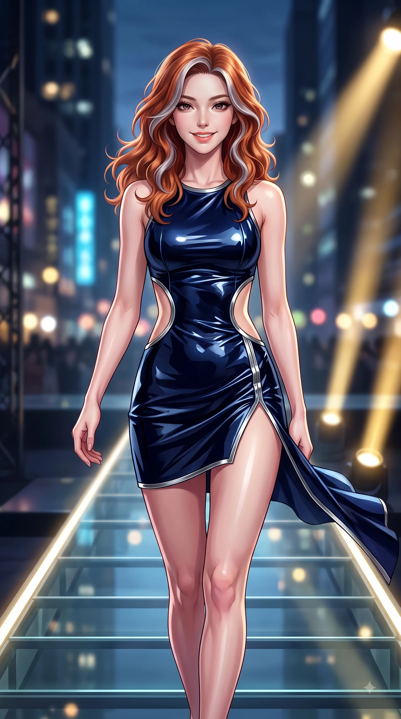 score_9, masterpiece, best quality, ultra-detailed, high-budget anime keyframe, editorial fashion photography, tasteful artistic composition, Caucasian woman. close-up cowboy shot from the waist and thighs up, the character dominates the composition, filling the frame with her large presence, background elements kept in soft focus. Gazing directly into the camera with a fresh, infectious smile as her torso curves dynamically in mid-stride while walking down an illuminated glass runway under sleek fashion spotlights, cool evening breeze fluttering her chic trendy outfit into fluid motions. She has an exceptionally elegant, slender, and willowy female figure with an ultra-slim waist, a gracefully sculpted slender torso, and a refined silhouette. sharp v-shaped jawline, high-bridge nose, intricate jewel-like eyes with depth, thick eyelashes, glossy lips with a natural sheen, flawlessly proportioned anatomical accuracy, natural body alignment, perfectly sculpted elegant limbs, clean dynamic posture without body distortion. wearing a dramatic open-waist cutout mini dress framed by sculptural hardware in midnight navy blue and chrome trim, tailored from high-gloss patent leather, finished with a sleek side slit ascending to mid-thigh, the sleek second-skin texture accentuating her magnetic presence. bathed in dramatic high-contrast urban night lights and sleek golden spotlights. highly saturated vibrant anime colors, detailed shading with soft gradients, rich glossy textures, high-contrast stereoscopic depth, volumetric dynamic lighting, master piece, 9:16 ratio