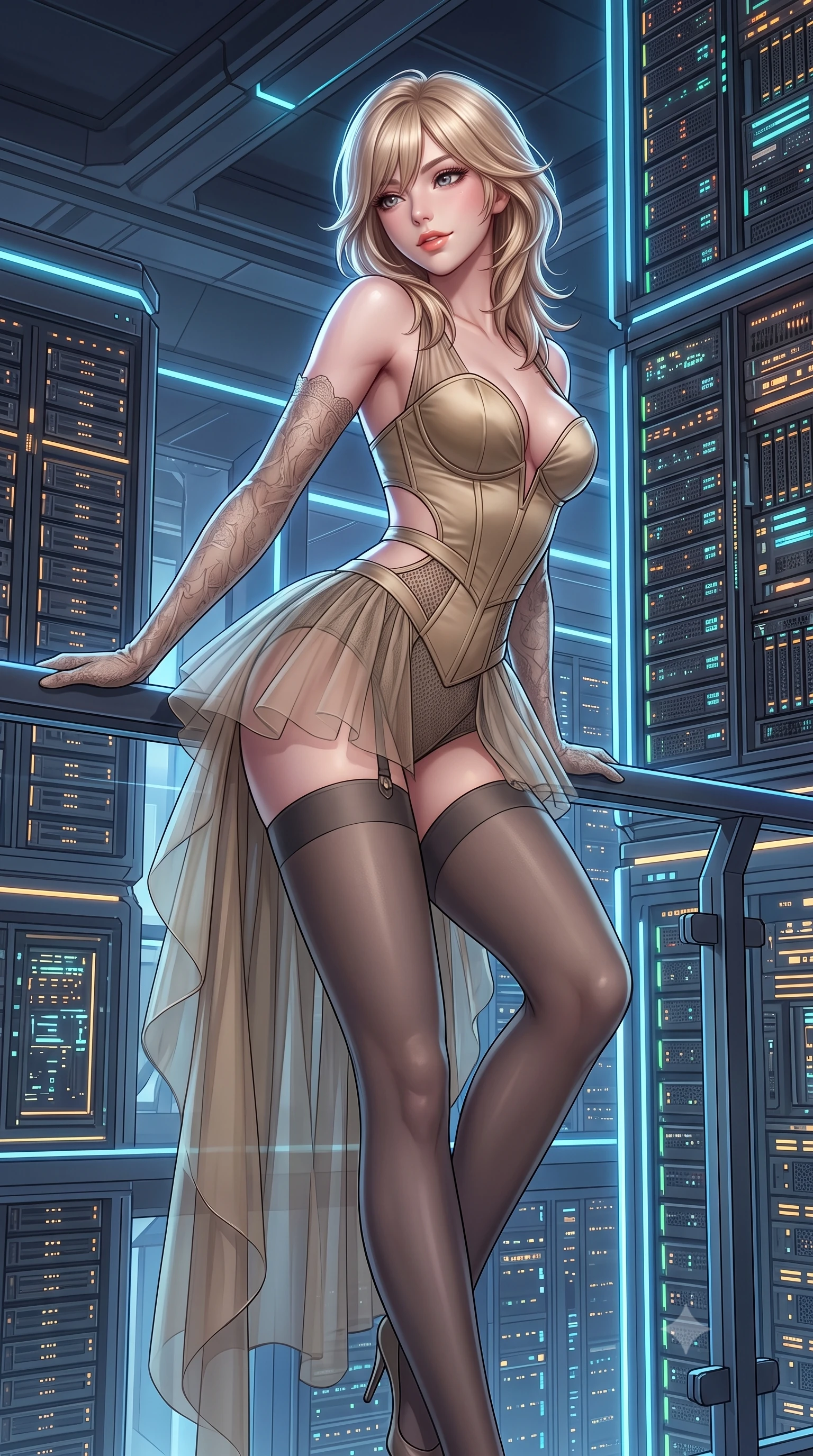score_9, masterpiece, best quality, ultra-detailed, high-budget anime keyframe, semi-realistic 3D game render, editorial fashion photography, tasteful artistic composition, Japanese woman. low angle full-body shot from head to toe showing her feet, filling the entire 9:16 vertical frame with her statuesque presence, stretching her vertical silhouette. leaning deep against the balcony balustrade with hips cocked back in an unapologetically alluring high-fashion stance, casting an intoxicating glance while twisting her slender torso in an alluring contrapposto pose beside glowing quantum server towers, looking back with an alluring smile. The surrounding environment is rendered in vivid detail and crisp panoramic clarity: detailed mesh panel bodysuit weave, glowing LED accents on hardware, and futuristic architecture in razor-sharp precision. She has an absolutely perfect, statuesque 8.5-heads proportion, an exceptionally tall and slender model-like female figure with impossibly long slender legs, an ultra-slim waist, a flat toned midriff, narrow delicate ribcage, and beautifully sculpted feminine hips creating a graceful, slim hourglass silhouette without any bulky heaviness. sharp v-shaped jawline, high-bridge nose, sparkling eyes with hypnotic seductive depth, thick curled eyelashes, glossy parted lips with a natural dewy peach sheen, alluring bedroom-eyes with an enchanting coquettish smile, exuding magnetic siren charisma and sophisticated glamour, flawlessly proportioned anatomical accuracy, strict slender model proportions, natural body alignment, perfectly sculpted long slender limbs, ultra-slim waistline, clean dynamic posture without body distortion. wearing a plunging sweetheart-neckline boned satin ballet bustier paired with an ultra-short sheer tulle micro-tutu and silk stockings in tactical desert sand khaki and matte carbon grey, made of sheer gossamer chiffon that drapes softly against skin with airy translucence, complemented by sheer opera-length lace evening gloves tracing her slender arms, the precision-cut side openings and low-back scoop framing her graceful spine and the sensual sweep of her slim, toned hips. illuminated by server rack indicator bounce and sharp electric-blue rim lights sculpting her razor-sharp jawline, narrow waist, and curvy hips. highly saturated vibrant anime colors, detailed shading with soft gradients, rich glossy textures, high-contrast stereoscopic depth, volumetric dynamic lighting, master piece, 9:16 ratio