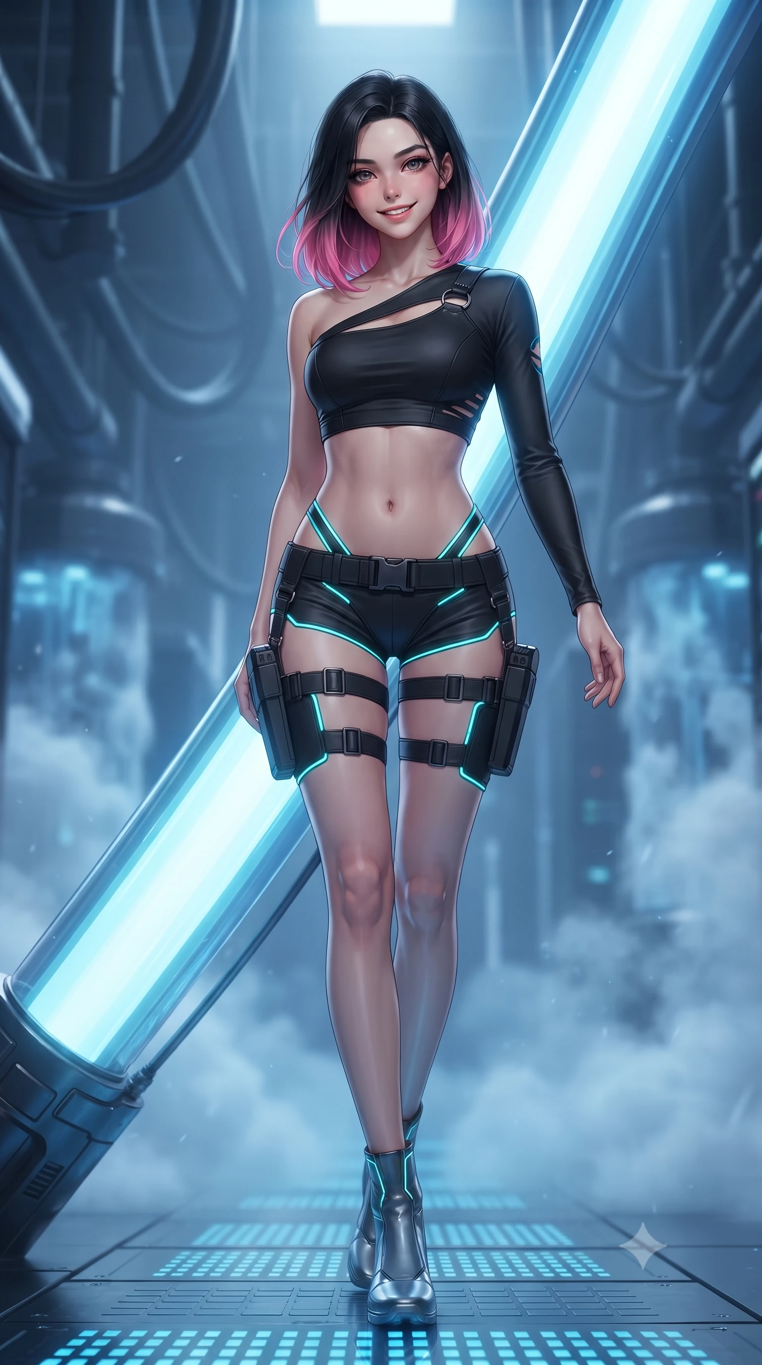 score_9, masterpiece, best quality, ultra-detailed, high-budget anime keyframe, editorial fashion photography, tasteful artistic composition, Korean woman. low angle full-body shot from head to toe showing her feet, filling the entire 9:16 vertical frame with her statuesque presence, stretching her vertical silhouette. leaning deep against the glowing energy conduit with hips cocked back in an unapologetically alluring high-fashion stance, flashing a warm beaming smile while striding through the narrow server canyon flanked by pulsating liquid-nitrogen cooling towers, arching her back with supermodel poise. The background shows a soft-focus rising liquid-nitrogen vapor veils and suspended data conduits softened in high-tech Tokyo shallow focus. She has an absolutely perfect, statuesque 8.5-heads proportion, an exceptionally tall and slender model-like female figure with impossibly long slender legs, an ultra-slim waist, a flat toned midriff, narrow delicate ribcage, and beautifully sculpted feminine hips creating a graceful, slim hourglass silhouette without any bulky heaviness. sharp v-shaped jawline, high-bridge nose, intricate jewel-like sparkling eyes with depth, thick eyelashes, glossy parted lips with a natural sheen, bright confident smile with an enchanting and coquettish sensual glint, exuding both youthful magnetic charm and sovereign high-tech allure, flawlessly proportioned anatomical accuracy, strict slender model proportions, natural body alignment, perfectly sculpted long slender limbs, ultra-slim waistline, clean dynamic posture without body distortion. wearing a high-tech mechanic crop top with asymmetric shoulder straps paired with ultra-fitted tactical hot-pants and thigh holsters in matte obsidian black and glowing neon cyan trim, made of supple second-skin compression stretch jersey clinging flawlessly to her form, finished with sharp laser-cut side ventilation slits framed by silver hardware rings, the form-contouring cut accentuating her sculpted flat midriff, narrow delicate ribcage, and gracefully curvy hips with cybernetic supermodel precision. illuminated by under-floor blue grid lights and sharp ultraviolet rim lighting defining her razor-sharp jawline, narrow waist, and curvy hips. ultra-reflective glossy finish, specular highlights, rich textural contrasts, high-contrast stereoscopic depth, volumetric dynamic lighting, 2k, ultra detail, master piece, 9:16 ratio