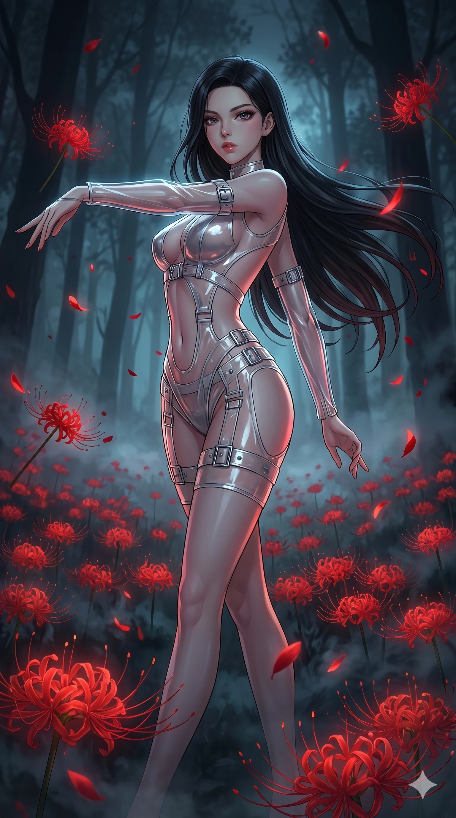 score_9, masterpiece, best quality, ultra-detailed, High-budget Anime Keyframe, East Asian woman. Low angle cowboy shot filling the entire 9:16 frame with her statuesque presence. Scenario 155: Dancing amidst falling red spider lilies in a misty dark forest. Her presence is magnetic and overpowering in this high-budget anime scene. Outfit 155: A translucent PVC bare with a backless design and metallic buckles. The clothing is designed to emphasize her exceptionally tall and slender 8-heads proportion. 8-heads proportion, towering silhouette, ultra-slim waist. sharp v-shaped jawline, intricate jewel-like eyes with depth, thick eyelashes, glossy lips. 2k, ultra detail, master piece, 9:16 ratio
