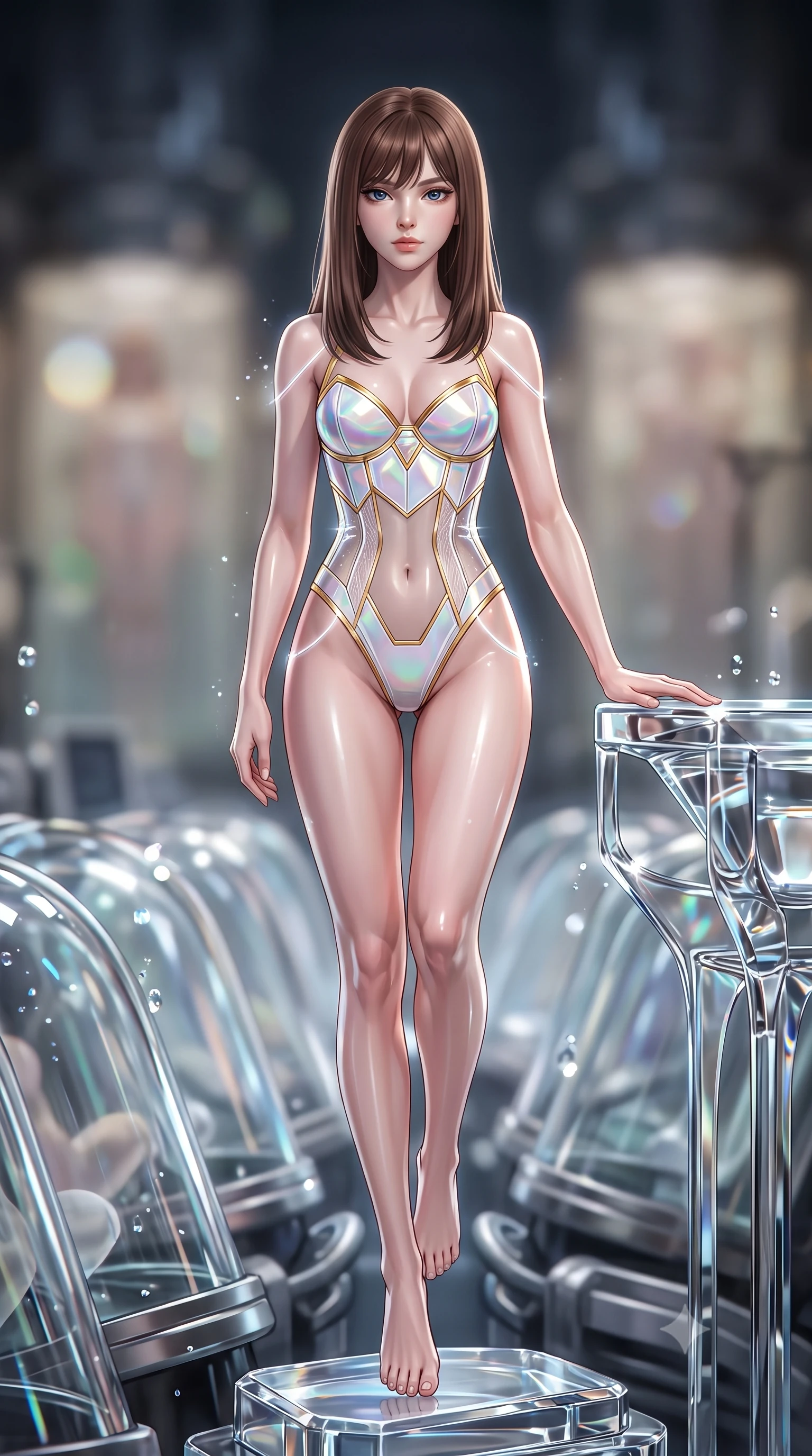 score_9, masterpiece, best quality, ultra-detailed, high-budget anime keyframe, editorial fashion photography, tasteful artistic composition, Korean woman. low angle full-body shot from head to toe showing her feet, filling the entire 9:16 vertical frame with her statuesque presence, stretching her vertical silhouette. performing an alluring mid-air vault with flawless poise, looking directly into the camera with regal, divine intensity while resting one hand on the polished crystal glass with a serene, newly-awakened goddess gaze looking directly into the camera. The composition keeps background elements in soft focus with creamy bokeh. curved crystal incubator cylinders and medical stasis architecture softened in dreamy shallow depth of field. She has an absolutely perfect, statuesque 8.5-heads proportion, an exceptionally tall and slender model-like female figure with impossibly long slender legs, a toned flat midriff, and an ultra-slim waist. sharp v-shaped jawline, high-bridge nose, intricate jewel-like eyes with depth, thick eyelashes, glossy lips with a natural sheen, flawlessly proportioned anatomical accuracy, strict slender model proportions, natural body alignment, perfectly sculpted long slender limbs, ultra-slim waistline, clean dynamic posture without body distortion. wearing a precision-tailored holographic cyber-corset with geometric iridescent plating and an ultra-slim waist-cinching silhouette in pristine liquid pearl white and radiant solar gold trim, tailored from semi-translucent cybernetic vinyl with glowing micro-filaments, accented with glowing fiber-optic seams tracing her collarbones and hip curves, the liquid-tight tailored fabric emphasizing every curve of her tall, slender model proportions and sculptured silhouette during dynamic movement. illuminated by sparkling fluid droplet refractions and crisp specular highlights tracing her slender curves. ultra-reflective glossy finish, specular highlights, dark metallic sheen, high-contrast stereoscopic depth, volumetric dynamic lighting, 2k, ultra detail, master piece, 9:16 ratio