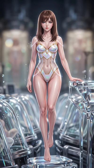 score_9, masterpiece, best quality, ultra-detailed, high-budget anime keyframe, editorial fashion photography, tasteful artistic composition, Korean woman. low angle full-body shot from head to toe showing her feet, filling the entire 9:16 vertical f