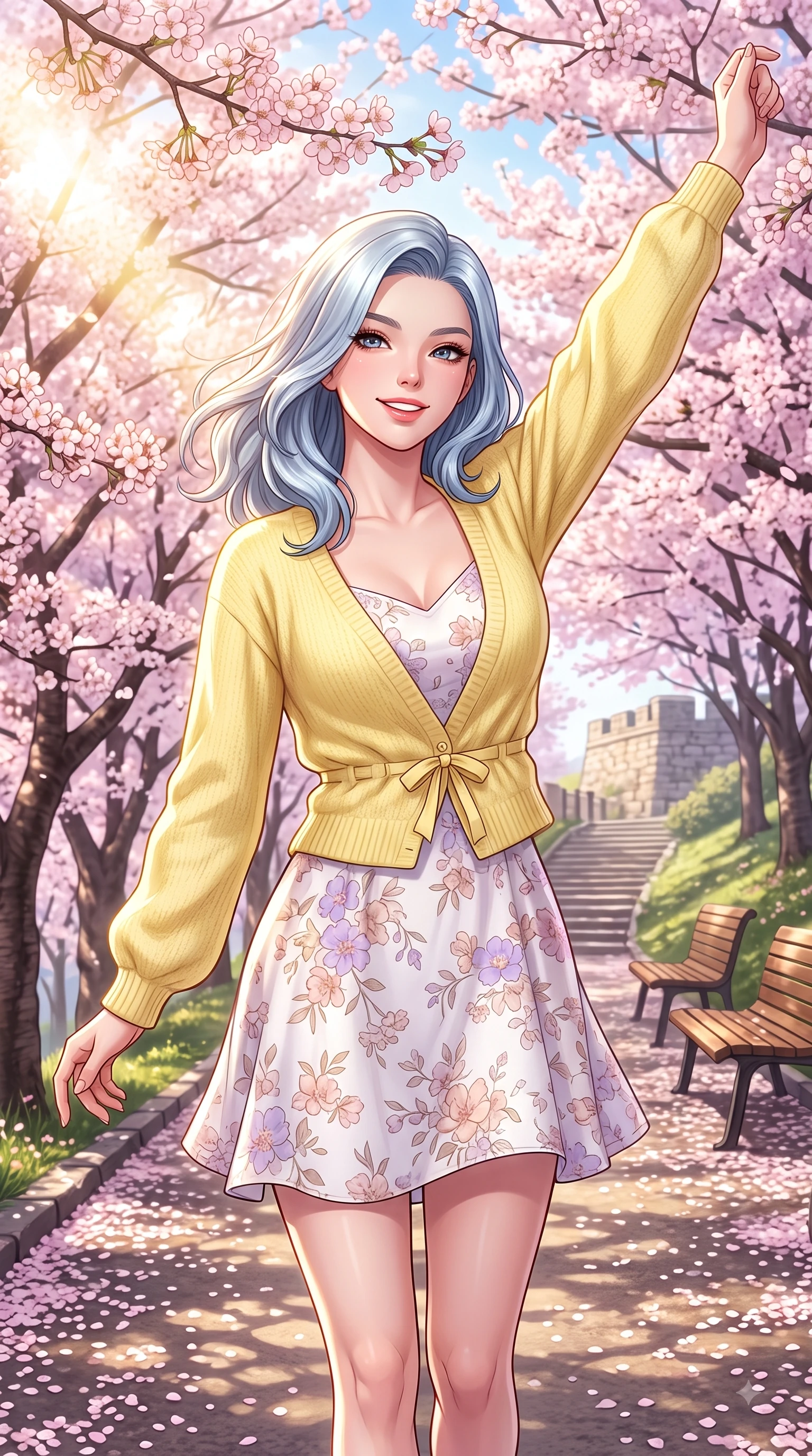 score_9, masterpiece, best quality, ultra-detailed, high-budget anime keyframe, editorial fashion photography, tasteful artistic composition, Korean woman. close-up cowboy shot from the waist and thighs up, the character dominates the composition, filling the frame with her large presence. Extending one arm in an elegant stretch toward the light while smiling with vibrant, youthful self-assurance while walking up a gentle hill path lined with blooming sakura cherry trees in full spring bloom. The surrounding environment is rendered in vivid detail and crisp panoramic clarity. delicate cherry blossom petal clusters, wooden park benches, and historic hill paths in crisp detail. She has an exceptionally elegant, slender, and willowy female figure with an ultra-slim waist, a gracefully sculpted slender torso, and a refined silhouette. sharp v-shaped jawline, high-bridge nose, intricate jewel-like eyes with depth, thick eyelashes, glossy lips with a natural sheen, flawlessly proportioned anatomical accuracy, natural body alignment, perfectly sculpted elegant limbs, clean dynamic posture without body distortion. wearing a fresh lemon-yellow cardigan over a white floral print slip dress in pastel lilac and soft rose gold, knitted from soft cozy cashmere yarn, accented with a dainty waist ribbon bow, the chic real-way fashion cut emphasizing her effortless charm. bathed in bright morning sunbeams and warm golden sakura backlighting. highly saturated vibrant anime colors, detailed shading with soft gradients, rich glossy textures, high-contrast stereoscopic depth, volumetric dynamic lighting, master piece, 9:16 ratio