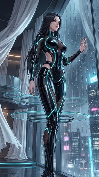score_9, masterpiece, best quality, ultra-detailed, High-budget Anime Keyframe, East Asian woman. Low angle cowboy shot filling the entire 9:16 frame with her statuesque presence. Scenario 308: looking out at the rain through a wet glass window near 
