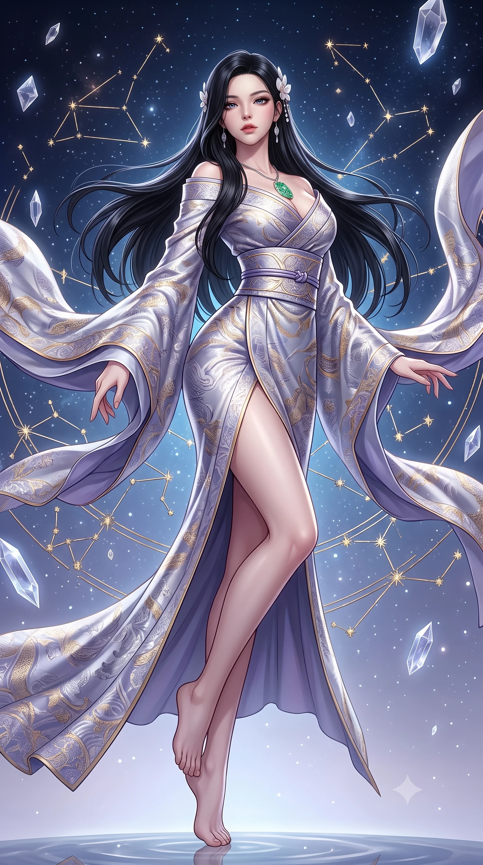score_9, masterpiece, best quality, ultra-detailed, high-budget anime keyframe, semi-realistic 3D game render, editorial fashion photography, tasteful artistic composition, Korean woman. low angle full-body shot from head to toe showing her feet, filling the entire 9:16 vertical frame with her statuesque presence, stretching her vertical silhouette. standing poised with one hip cocked in an alluring high-fashion pose, her tall 8.5-heads proportions dominating the scene while pivoting dynamically in mid-air with an athletic yet alluring arch of her spine, weaving through floating golden constellations. The surrounding environment is rendered in vivid detail and crisp panoramic clarity. intricate constellation line engravings, transparent silk fabric weaves, and floating crystal facets in deep focus. She has an absolutely perfect, statuesque 8.5-heads proportion, an exceptionally tall and slender model-like female figure with impossibly long slender legs, a toned flat midriff, and an ultra-slim waist. sharp v-shaped jawline, high-bridge nose, intricate jewel-like eyes with depth, thick eyelashes, glossy lips with a natural sheen, captivating and magnetic expression, flawlessly proportioned anatomical accuracy, strict slender model proportions, natural body alignment, perfectly sculpted long slender limbs, ultra-slim waistline, clean dynamic posture without body distortion. wearing a traditional-modern silk fusion wrap dress with asymmetric trailing sleeves and waist-cinching obi in moonlit silver and lavender mist, woven from lightweight fluid silk brocade with woven gold thread, accented with mother-of-pearl hair ornaments and a carved jade pendant, the glove-like aerodynamic second-skin fit tightly clinging to her ultra-slender waist and athletic curves without adding bulk, accentuating her razor-sharp statuesque lines and slim hourglass silhouette. surrounded by an immortal, transcendent, and breathtakingly majestic cosmos empress aura. highly saturated vibrant anime colors, detailed shading with soft gradients, rich glossy textures, high-contrast stereoscopic depth, volumetric dynamic lighting, master piece, 9:16 ratio