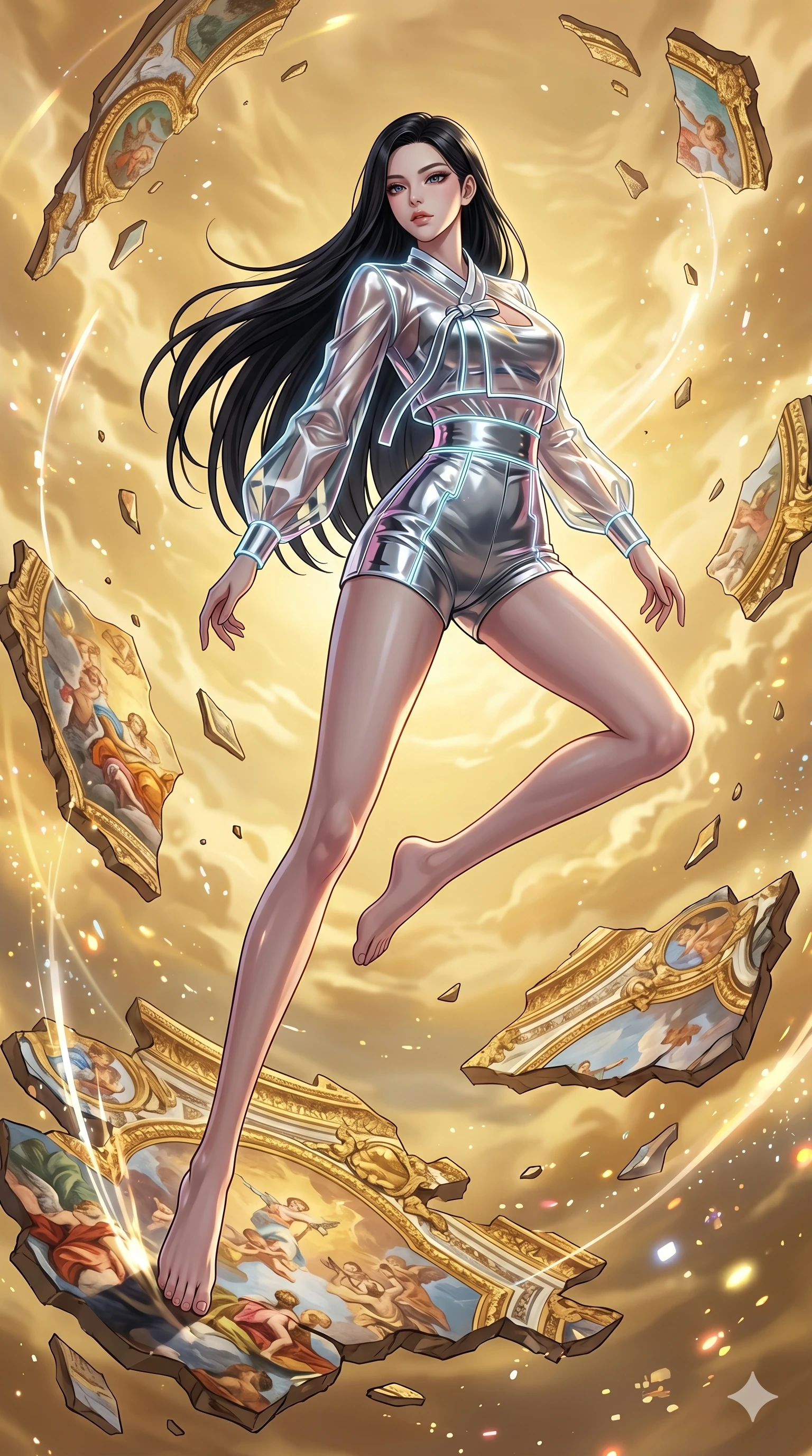 score_9, masterpiece, best quality, ultra-detailed, high-budget anime keyframe, Caucasian woman, strictly human ears. low angle full-body shot filling the entire 9:16 frame with her statuesque presence, stretching the vertical silhouette. propelling herself off digital baroque ceiling fresco shards that float and reassemble in a golden sky. She has an absolutely perfect 8-heads proportion, an exceptionally tall and slender female figure with impossibly long slender legs and an ultra-slim waist. V-shaped jawline, high-bridge nose, intricate jewel-like eyes with depth, thick eyelashes, glossy lips with a natural sheen.. wearing a vinyl liquid mercury fusion hanbok, featuring a translucent chrome-silver vinyl jeogori and high-waist tailored mini shorts, detailed with glowing neon wire trims and a tasteful chest slit. accented by dynamic color-blocked lighting with high-contrast shadows emphasizing her statuesque height. 2k, ultra detail, master piece, 9:16 ratio