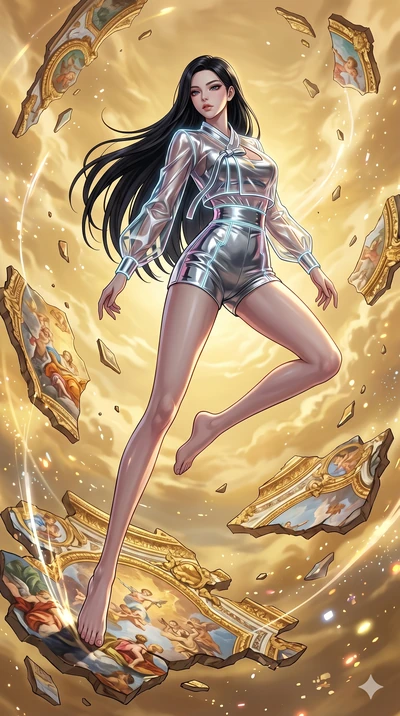 score_9, masterpiece, best quality, ultra-detailed, high-budget anime keyframe, Caucasian woman, strictly human ears. low angle full-body shot filling the entire 9:16 frame with her statuesque presence, stretching the vertical silhouette. propelling 