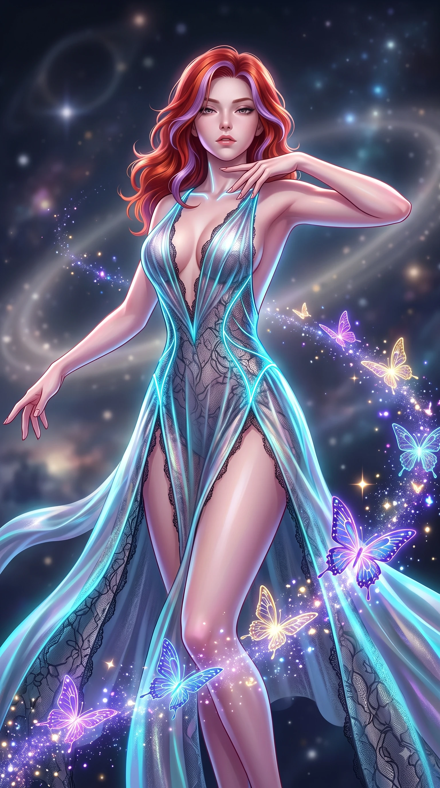 score_9, masterpiece, best quality, ultra-detailed, high-budget anime keyframe, semi-realistic 3D game render, editorial fashion photography, tasteful artistic composition, Caucasian woman. close-up cowboy shot from the waist and thighs up, the character dominates the composition, filling the frame with her large presence. resting her fingers lightly against her throat while looking down with a smoldering, haughty yet intensely captivating glance while spreading her arms in a graceful zero-gravity flight pose as stardust and digital butterflies trail behind. The composition keeps background elements in soft focus with creamy bokeh. stardust rings and distant celestial clusters softened in smooth ethereal depth of field. She has an exceptionally elegant, slender, and willowy female figure with an ultra-slim waist, a gracefully sculpted slender torso, and a refined silhouette. sharp v-shaped jawline, high-bridge nose, intricate jewel-like eyes with depth, thick eyelashes, glossy lips with a natural sheen, flawlessly proportioned anatomical accuracy, natural body alignment, perfectly sculpted elegant limbs, clean dynamic posture without body distortion. wearing a translucent iridescent chiffon gown with a plunging neckline, high dual thigh slits, and an open back in liquid mercury silver and glowing electric cyan, crafted from delicate dark lace interwoven with luminescent micro-fibers, accented with glowing fiber-optic seams tracing her collarbones and hip curves, the liquid-tight fabric adhering flawlessly to her sculpted torso and slender silhouette. bathed in brilliant purple starlight and brilliant blue and gold light from the butterflies. highly saturated vibrant anime colors, detailed shading with soft gradients, rich glossy textures, high-contrast stereoscopic depth, volumetric dynamic lighting, master piece, 9:16 ratio