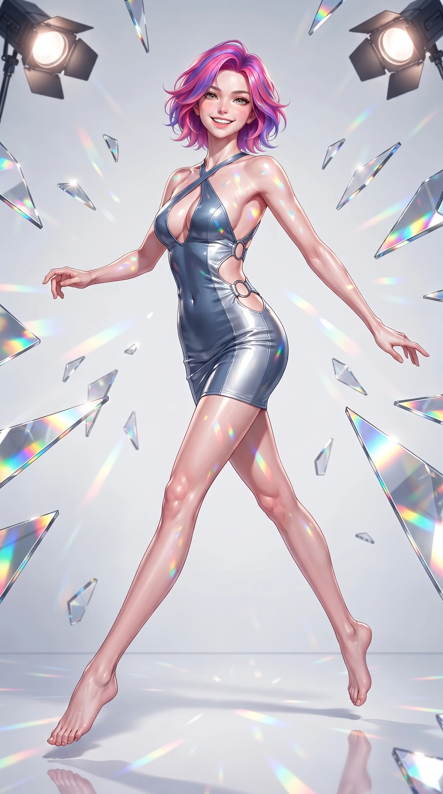score_9, masterpiece, best quality, ultra-detailed, high-budget anime keyframe, editorial fashion photography, tasteful artistic composition, Caucasian woman. low angle full-body shot from head to toe showing her feet, filling the entire 9:16 vertical frame with her statuesque presence, stretching her vertical silhouette. leaping with pure joy through mid-air with a radiant bright smile, her impossibly long slender legs stretched in perfect balance while reaching her hand forward with a cheerful smile as shattered mirror prisms scatter rainbow beams, a kaleidoscope of refractions forming colorful geometric light patterns on her skin. She has an absolutely perfect, statuesque 8.5-heads proportion, an exceptionally tall and slender model-like female figure with impossibly long slender legs and an ultra-slim waist. sharp v-shaped jawline, high-bridge nose, intricate jewel-like eyes with depth, thick eyelashes, glossy lips with a natural sheen, flawlessly proportioned anatomical accuracy, natural body alignment, perfectly sculpted elegant limbs, clean dynamic posture without body distortion. wearing a deep-scoop halter bodycon dress with hip cutouts connected by silver rings in slate blue and metallic silver, tailored from high-gloss patent leather, complemented by criss-cross back straps highlighting her bare shoulders, the tailored fabric tightly following every curve of her athletic build. bathed in high-contrast vibrant studio lighting with sharp cheerful specular highlights. ultra-reflective glossy finish, specular highlights, metallic sheen, high-contrast stereoscopic depth, volumetric dynamic lighting, 2k, ultra detail, master piece, 9:16 ratio