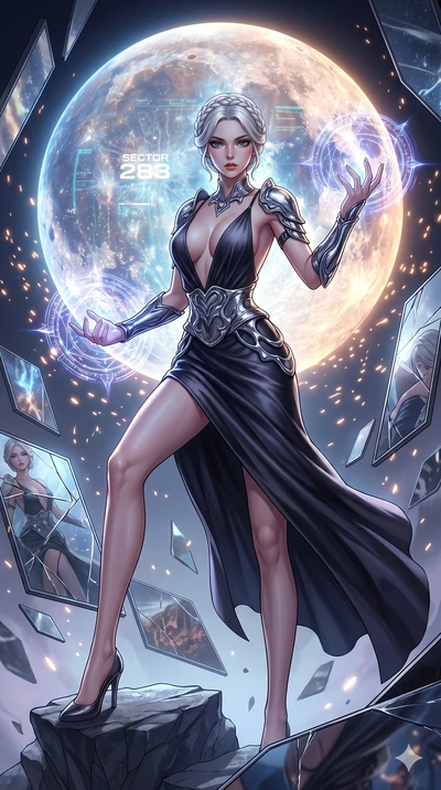 score_9, masterpiece, best quality, ultra-detailed, Set A: High-budget Anime Keyframe, Korean woman. Low angle cowboy shot filling the entire 9:16 frame with her statuesque presence. Casting a spell through a dimension of floating mirrors, with a mas