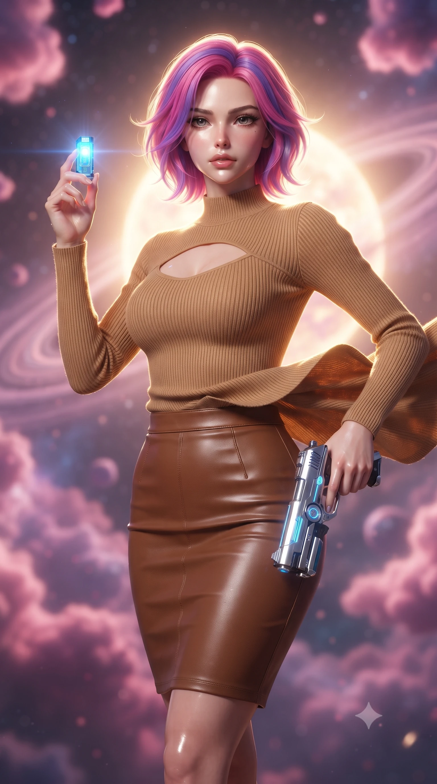 score_9, masterpiece, best quality, ultra-detailed, high-budget anime keyframe, editorial fashion photography, tasteful artistic composition, realistic cosplay photography, Caucasian woman, strictly human ears. close-up cowboy shot from the waist and thighs up, the character dominates the composition, filling the frame with her large presence, background elements kept in soft focus. Holding a glowing data drive aloft while reloading a futuristic plasma pistol, ready for the next wave. set against a soft-focus background of floating inside a pink helium ring surrounding a dying star, gas particles glowing like neon dust. She has an exceptionally elegant and slender, willowy female figure with an ultra-slim waist, a gracefully sculpted slender torso, and a refined slim physique. sharp v-shaped jawline, high-bridge nose, intricate jewel-like eyes with depth, thick eyelashes, glossy lips with a natural sheen. wearing the lightweight fabric rippling and billowing dramatically with her movement, a tailored camel-colored knit top with a keyhole chest cutout, paired with a brown leather pencil skirt. dramatic backlight creating a radiant halo effect around her entire silhouette. ultra-reflective glossy finish, specular highlights, metallic sheen, high-contrast stereoscopic depth, volumetric dynamic lighting, 2k, ultra detail, master piece, 9:16 ratio
