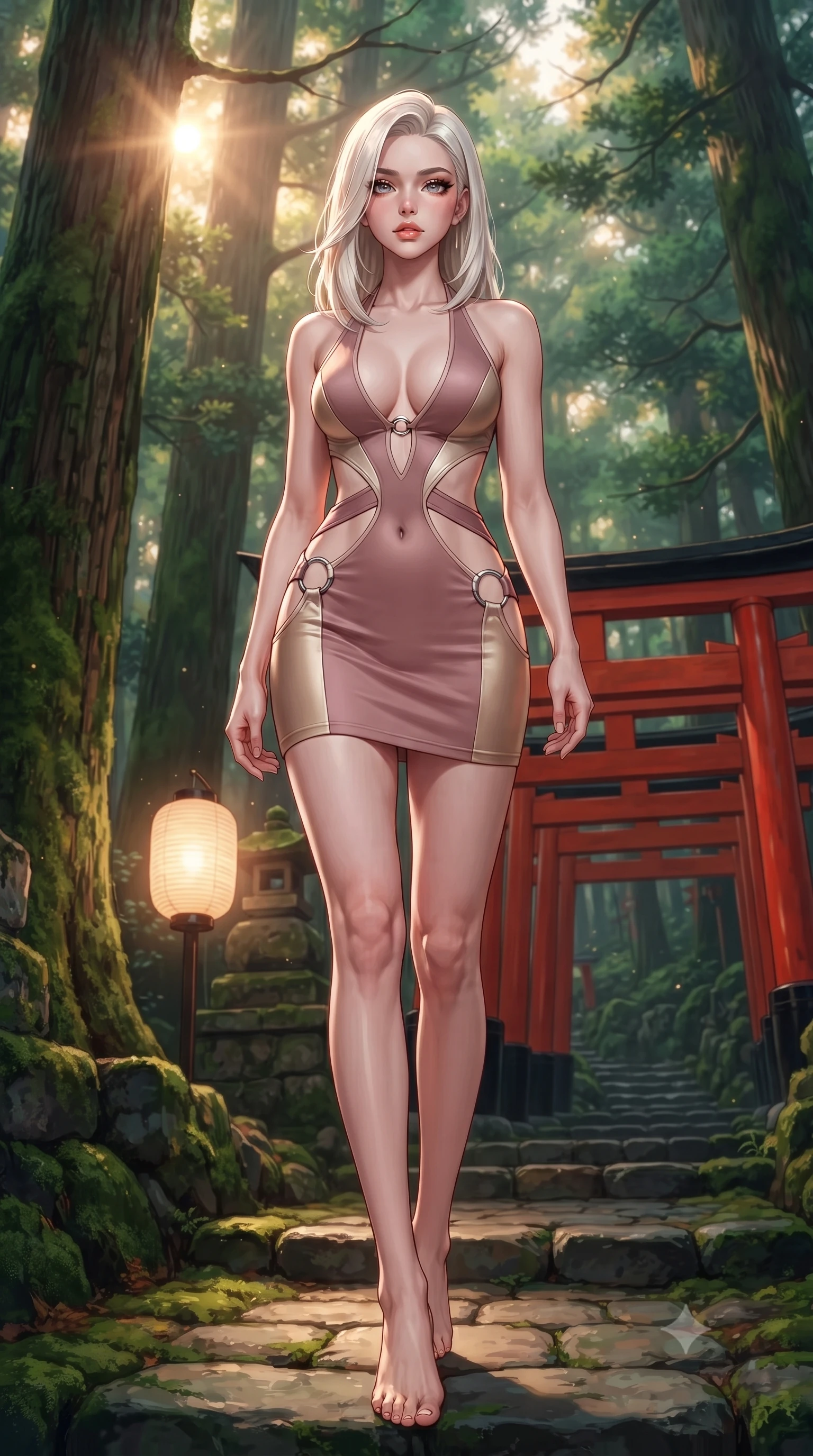 score_9, masterpiece, best quality, ultra-detailed, high-budget anime keyframe, editorial fashion photography, tasteful artistic composition, Caucasian woman. low angle full-body shot from head to toe showing her feet, filling the entire 9:16 vertical frame with her statuesque presence, stretching her vertical silhouette. stepping forward with proud posture, filling the vertical frame with her magnetic presence standing near a sacred stone lantern glowing softly in a cedar grove at dawn, vivid red vermilion torii gates contrasting with deep green moss stone. She has an absolutely perfect, statuesque 8.5-heads proportion, an exceptionally tall and slender model-like female figure with impossibly long slender legs and an ultra-slim waist. sharp v-shaped jawline, high-bridge nose, intricate jewel-like eyes with depth, thick eyelashes, glossy lips with a natural sheen. wearing a deep-scoop halter bodycon dress with hip cutouts connected by silver rings in dusty rose and champagne gold, formed from sleek second-skin neoprene, featuring subtle geometric cutouts that highlight her ultra-slim midriff, the elegant draped fit framing her graceful clavicle and slender torso. illuminated by soft glowing paper lantern light and warm sunbursts. highly saturated vibrant anime colors, detailed shading with soft gradients, rich glossy textures, high-contrast stereoscopic depth, volumetric dynamic lighting, master piece, 9:16 ratio
