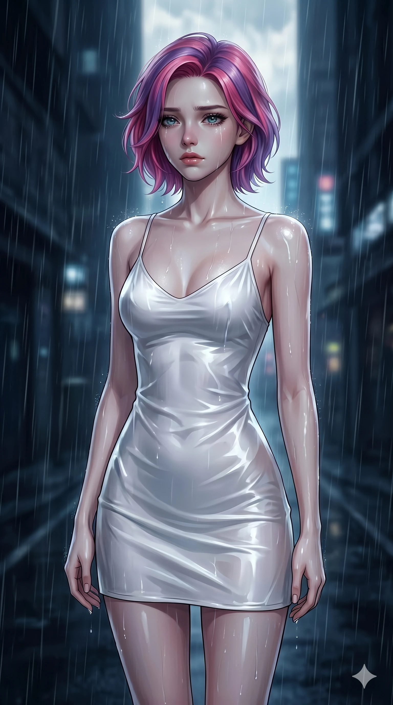 score_9, masterpiece, best quality, ultra-detailed, high-budget anime keyframe, editorial fashion photography, tasteful artistic composition, Caucasian woman, strictly human ears. cowboy shot from the thighs up, character and outfit filling the frame for maximum editorial presence. gazing past the camera with tear-rimmed jewel-like eyes, her expression filled with quiet, profound sorrow standing under pouring digital rain in a dark, empty street of a neo-city (Scenario Code S-1). She has an absolutely perfect 8-heads proportion, an exceptionally tall and slender female figure with impossibly long slender legs and an ultra-slim waist. V-shaped jawline, high-bridge nose, intricate jewel-like eyes with depth, thick eyelashes, glossy lips with a natural sheen. wearing a wet-look white silk slip dress that clings to her form, showing her elegant shoulder lines. bathed in soft, cold ambient daylight filtering through the clouds, highlighting her pale skin. 2k, ultra detail, master piece, 9:16 ratio