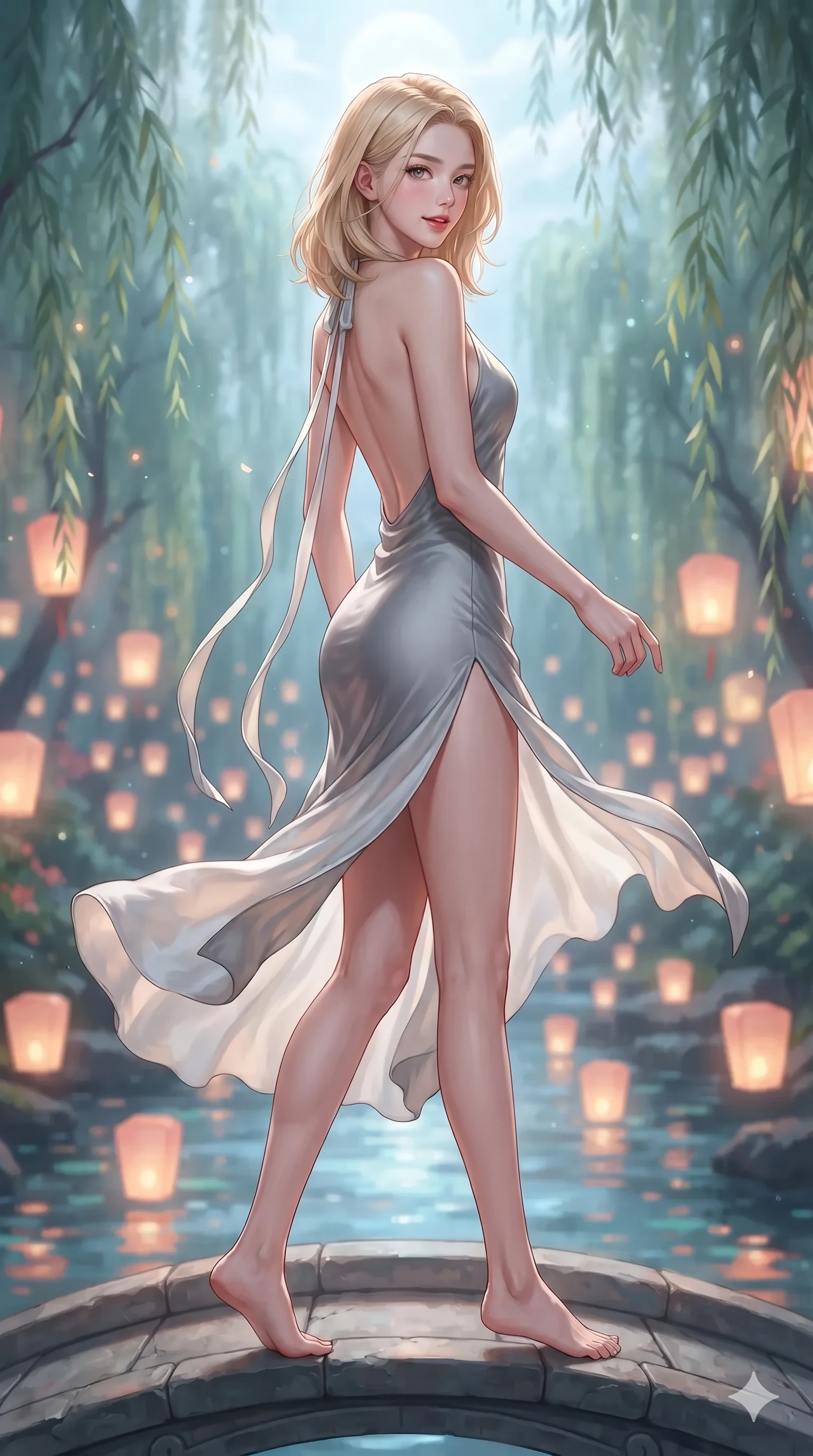 score_9, masterpiece, best quality, ultra-detailed, high-budget anime keyframe, editorial fashion photography, tasteful artistic composition, Korean woman. low angle full-body shot from head to toe showing her feet, filling the entire 9:16 vertical frame with her statuesque presence, stretching her vertical silhouette. executing a slow, graceful pivot turn as her silk wrap skirt sways around her slender legs, glancing back with an enchanting, teasing sensual expression while stepping gracefully over the arched stone crest, glancing back over a bare shoulder with an irresistible smoldering bedroom-gaze. The background shows a soft-focus floating paper lantern lights on the stream and weeping willows blurred into coral, gold, and aquamarine bokeh. She has an absolutely perfect, statuesque 8.5-heads proportion, an exceptionally tall and slender model-like female figure with impossibly long slender legs, an ultra-slim waist, a flat toned midriff, narrow delicate ribcage, and beautifully sculpted feminine hips creating a graceful, slim hourglass silhouette without any bulky heaviness. sharp v-shaped jawline, high-bridge nose, sparkling eyes with hypnotic seductive depth, thick curled eyelashes, glossy parted lips with a natural dewy peach sheen, alluring bedroom-eyes with an enchanting coquettish smile, exuding magnetic siren charisma and sophisticated glamour, flawlessly proportioned anatomical accuracy, strict slender model proportions, natural body alignment, perfectly sculpted long slender limbs, ultra-slim waistline, clean dynamic posture without body distortion. wearing a form-contouring gossamer silk chiffon slip dress with hip-high slit and open cowl back clinging with evening mist in celestial pearl white and moonlight platinum, made of liquid dark mercury jersey with seamless sculpting hold and fluid drape, finished with long silk ribbon ties fluttering down her bare spine from a backless halter, the impeccably tailored cut draping gracefully along her slender figure with aristocratic eastern poise. bathed in radiant celestial moonlight combined with floating candle lantern glows from the stream. ultra-reflective glossy finish, specular highlights, rich textural contrasts, high-contrast stereoscopic depth, volumetric dynamic lighting, 2k, ultra detail, master piece, 9:16 ratio