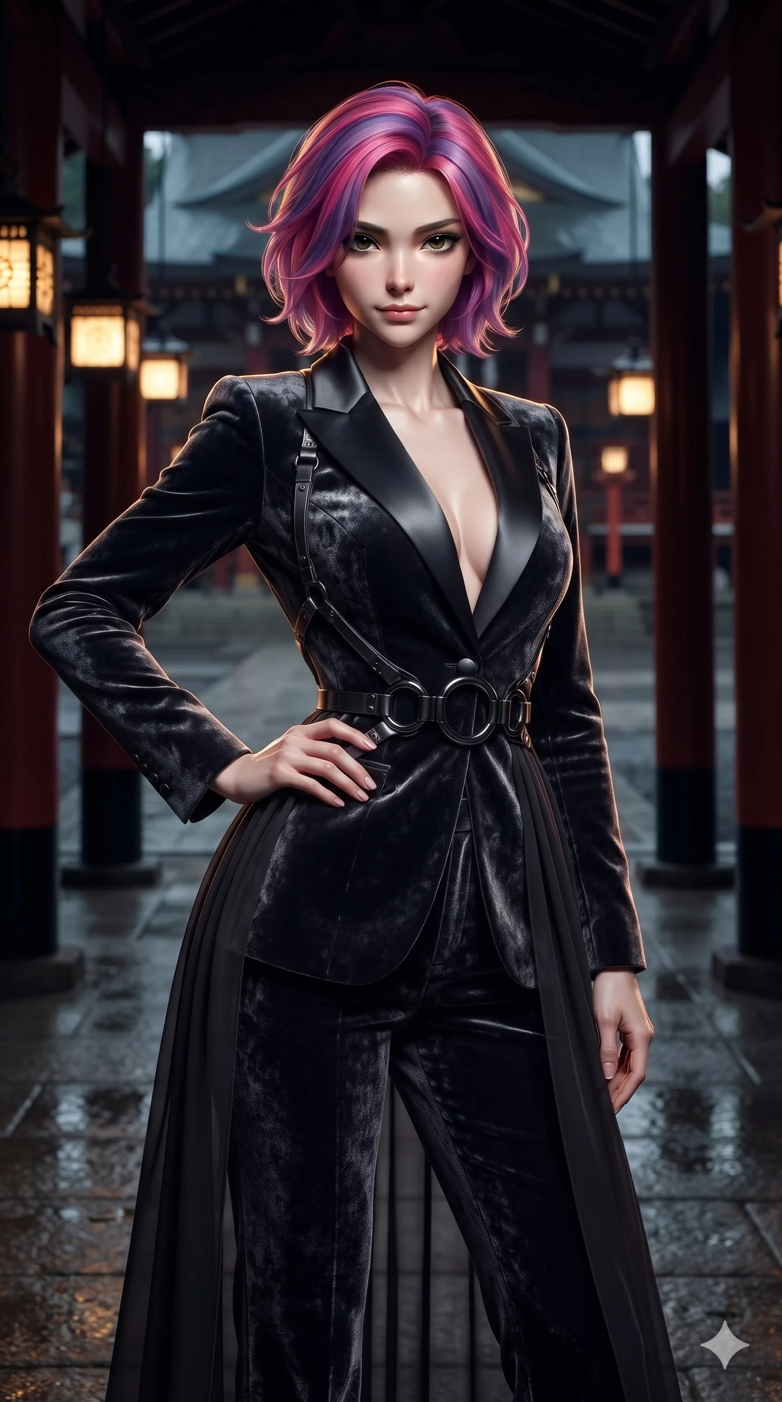 score_9, masterpiece, best quality, ultra-detailed, high-budget anime keyframe, editorial fashion photography, tasteful artistic composition, Caucasian woman. close-up cowboy shot from the waist and thighs up, the character dominates the composition, filling the frame with her large presence. holding a confident power pose with one hand on her hip, looking into the lens with smoldering intensity while twisting her slender torso in an alluring contrapposto stance between repeating dark pillars, golden lantern beams tracing her flat midriff and curvy hips. The surrounding environment is rendered in vivid detail and crisp panoramic clarity: detailed sheer dark chiffon gown drape, gunmetal harness structure, and traditional shrine craftsmanship in razor-sharp precision. She has an exceptionally elegant, slender, and willowy female figure with an ultra-slim waist, flat toned midriff, narrow ribcage, and sculpted feminine hips creating an alluring, slim hourglass silhouette without bulk. sharp v-shaped jawline, high-bridge nose, intricate jewel-like dark sparkling eyes with hypnotic seductive depth, thick curled eyelashes, glossy parted lips with a natural wine sheen, alluring bedroom-eyes with an enigmatic smoldering smile, exuding magnetic sovereign charisma and dark avant-garde glamour, flawlessly proportioned anatomical accuracy, strict slender model proportions, natural body alignment, perfectly sculpted long slender limbs, ultra-slim waistline, clean dynamic posture without body distortion. wearing a refined dark velvet pantsuit with satin lapels and tailored cigarette trousers in metallic liquid silver and pitch black, tailored from crushed dark velvet with deep light-absorbing plush texture, accented with sculpted obsidian chrome rings at the waist, the bespoke structured tailoring following the natural line of her 8.5-heads silhouette with refined elegance. illuminated by wet stone ground bounce and sharp gold-amber rim lights sculpting her razor-sharp jawline, narrow waist, and curvy hips. ultra-reflective glossy finish, specular highlights, metallic sheen, high-contrast stereoscopic depth, volumetric dynamic lighting, 2k, ultra detail, master piece, 9:16 ratio