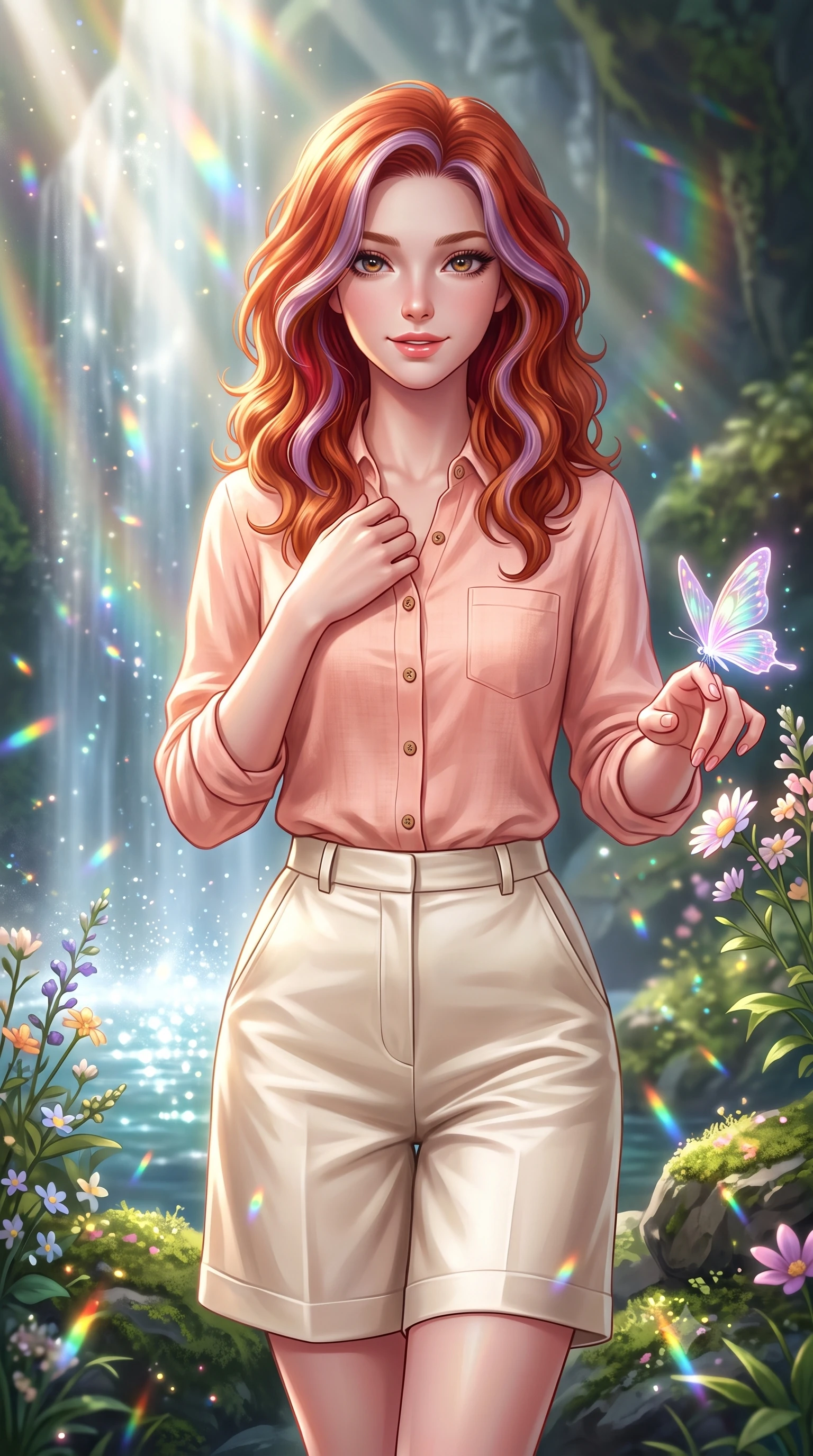 score_9, masterpiece, best quality, ultra-detailed, high-budget anime keyframe, semi-realistic 3D game render, editorial fashion photography, tasteful artistic composition, Caucasian woman. close-up cowboy shot from the waist and thighs up, the character dominates the composition, filling the frame with her large presence. holding her hands loosely near her heart with an enchanting, affectionate gaze looking directly into the lens while reaching out playfully to touch a delicate iridescent forest butterfly resting on a wildflower blossom. The composition keeps background elements in soft focus with creamy bokeh. sparkling waterfall mist and floating forest moisture scattering shimmering rainbow light motes. She has an exceptionally elegant, slender, and willowy female figure with an ultra-slim waist, a gracefully sculpted slender torso, toned flat midriff, and a refined slim silhouette. sharp v-shaped jawline, high-bridge nose, intricate jewel-like eyes with depth, thick eyelashes, glossy lips with a natural sheen, pure and lovely fresh girlhood expression, flawlessly proportioned anatomical accuracy, strict slender model proportions, natural body alignment, perfectly sculpted long slender limbs, ultra-slim waistline, clean dynamic posture without body distortion. wearing a lightweight pastel linen button-down shirt paired with tailored high-rise white Bermuda shorts in warm peach blossom pink and champagne ivory, crafted from smooth fluid silk satin with a natural gentle sheen, finished with neat natural wooden buttons and patch pocket details, the chic real-way fashion cut emphasizing her effortless charm, flat midriff, and slender model proportions. bathed in ethereal sunbeams piercing through waterfall mist, creating radiant rainbow refractions. highly saturated vibrant anime colors, detailed shading with soft gradients, rich glossy textures, high-contrast stereoscopic depth, volumetric dynamic lighting, master piece, 9:16 ratio