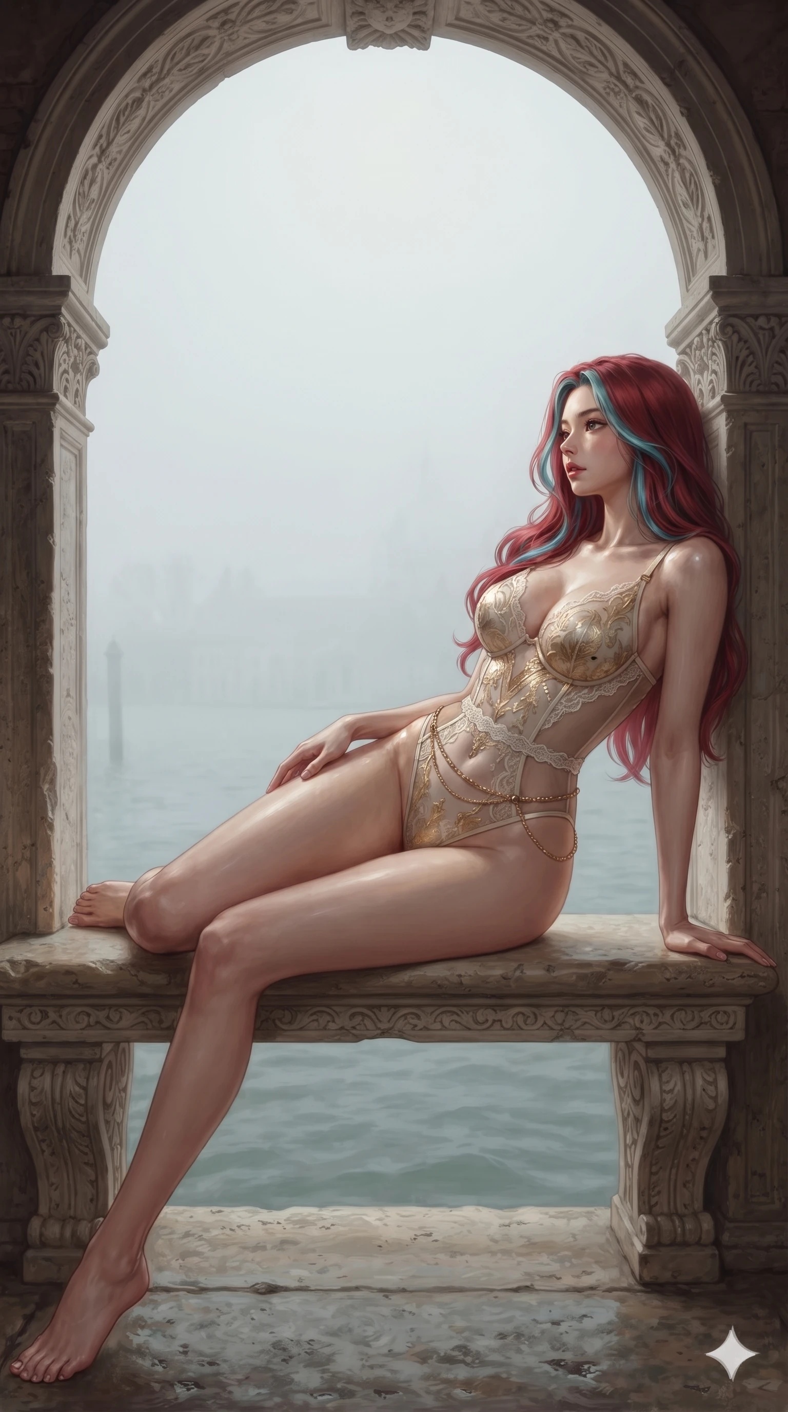 score_9, masterpiece, best quality, ultra-detailed, high-budget anime keyframe, editorial fashion photography, tasteful artistic composition, Caucasian woman. low angle full-body shot from head to toe showing her feet, filling the entire 9:16 vertical frame with her statuesque presence, stretching her vertical silhouette. reclining on her side in an elegant Cleopatra pose with one knee drawn up, the dramatic contour of her rounded hips and long slender legs commanding the 9:16 vertical frame while leaning against a carved Istrian stone portal arch with hips cocked back, gazing through the drifting morning fog with intoxicating bedroom-eyes. The surrounding environment is rendered in vivid detail and crisp panoramic clarity: intricate sheer vintage mesh beadwork, fine lace trims, and historic Venetian masonry in razor-sharp clarity. She has an exceptionally tall and slender model-like 8.5-heads proportion, an ultra-slim waist, a flat toned midriff, narrow delicate ribcage, and beautifully sculpted feminine hips creating a graceful, slim hourglass silhouette without any bulky heaviness, with impossibly long slender legs. sharp v-shaped jawline, high-bridge nose, intricate jewel-like sparkling eyes with depth, thick eyelashes, glossy parted lips with a natural sheen, intensely captivating and seductive bedroom-eyes expression, exuding both youthful cute charm and sovereign luxury allure, flawlessly proportioned anatomical accuracy, strict slender model proportions, natural body alignment, perfectly sculpted long slender limbs, ultra-slim waistline, clean dynamic posture without body distortion. wearing a provocative sheer-illusion nanotech lace bodysuit with strategic metallic foil flocking and high-cut leg openings in Istrian stone cream and antique gold-leaf, featuring strategic sheer-illusion tulle side panels framing her ribcage and hips, accented with a delicate gold chain belt resting loosely on her curvy hips, the form-contouring material adhering flawlessly to her sculpted flat midriff and slender torso, emphasizing her long leg lines and perfectly proportioned willowy build. bathed in the diffuse, painterly morning glow of Venetian lagoon light filtering through thin sea mist. ultra-reflective glossy finish, specular highlights, rich textural contrasts, high-contrast stereoscopic depth, volumetric dynamic lighting, 2k, ultra detail, master piece, 9:16 ratio