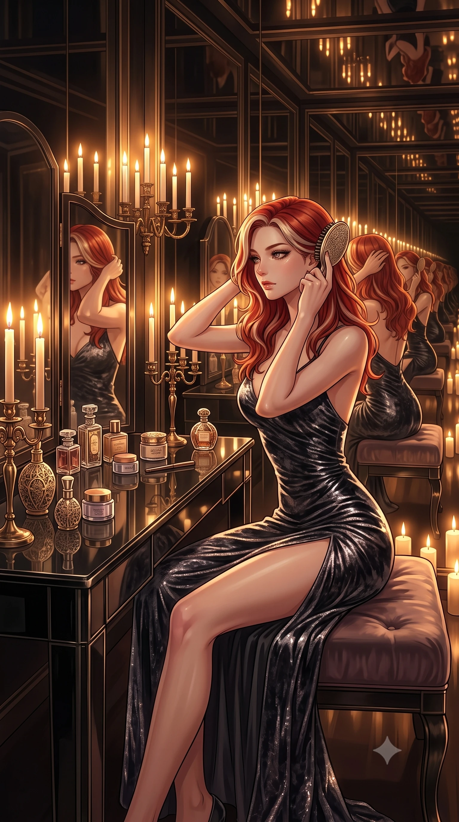 score_9, masterpiece, best quality, ultra-detailed, High-budget Anime Keyframe, Caucasian woman, strictly human ears. Low angle cowboy shot filling the entire 9:16 frame with her statuesque presence. Scenario 257: brushing her hair while seated before a vanity of black glass in a hall of mirrors reflecting infinite silhouettes in warm candlelight. Her presence is magnetic and overpowering in this high-budget anime scene. Outfit 257: a form-contouring crushed dark velvet liquid with a thigh-high slit and wet-look texture. The clothing is designed to emphasize her exceptionally tall and slender 8-heads proportion. 8-heads proportion, towering silhouette, ultra-slim waist. sharp v-shaped jawline, intricate jewel-like eyes with depth, thick eyelashes, glossy lips. 2k, ultra detail, master piece, 9:16 ratio
