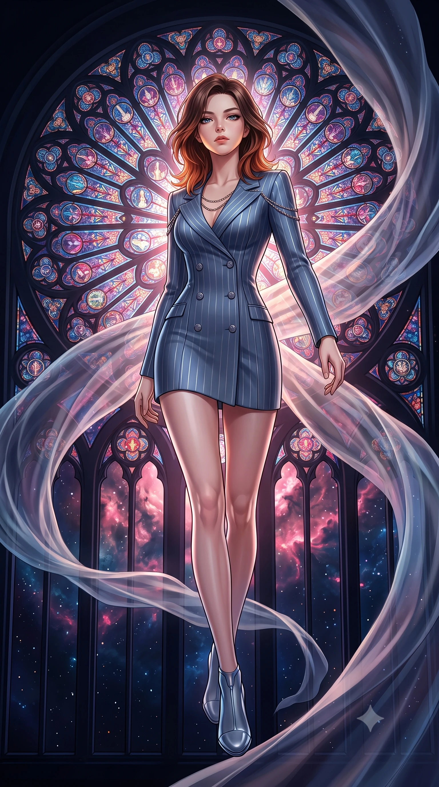 score_9, masterpiece, best quality, ultra-detailed, high-budget anime keyframe, editorial fashion photography, tasteful artistic composition, Korean woman. low angle full-body shot from head to toe showing her feet, filling the entire 9:16 vertical frame with her statuesque presence, stretching her vertical silhouette. stepping forward in a proud dynamic stride, her vertical silhouette filling the frame with statuesque presence while performing a mid-air rotation in front of a giant stained glass rose window in space, translucent silk drapes swirling in a dynamic cosmic wind vortex. She has an absolutely perfect, statuesque 8.5-heads proportion, an exceptionally tall and slender model-like female figure with impossibly long slender legs and an ultra-slim waist. sharp v-shaped jawline, high-bridge nose, intricate jewel-like eyes with depth, thick eyelashes, glossy lips with a natural sheen, flawlessly proportioned anatomical accuracy, natural body alignment, perfectly sculpted elegant limbs, clean dynamic posture without body distortion. wearing a double-breasted blazer dress with subtle metallic pin-stripes in slate blue and metallic silver, formed from sleek second-skin neoprene, adorned with delicate metallic chain straps along the neckline, the form-contouring material highlighting her ultra-slim waist and long lines. bathed in dramatic cosmic pink and navy nebula backlighting with gold key light. highly saturated vibrant anime colors, detailed shading with soft gradients, rich glossy textures, high-contrast stereoscopic depth, volumetric dynamic lighting, master piece, 9:16 ratio
