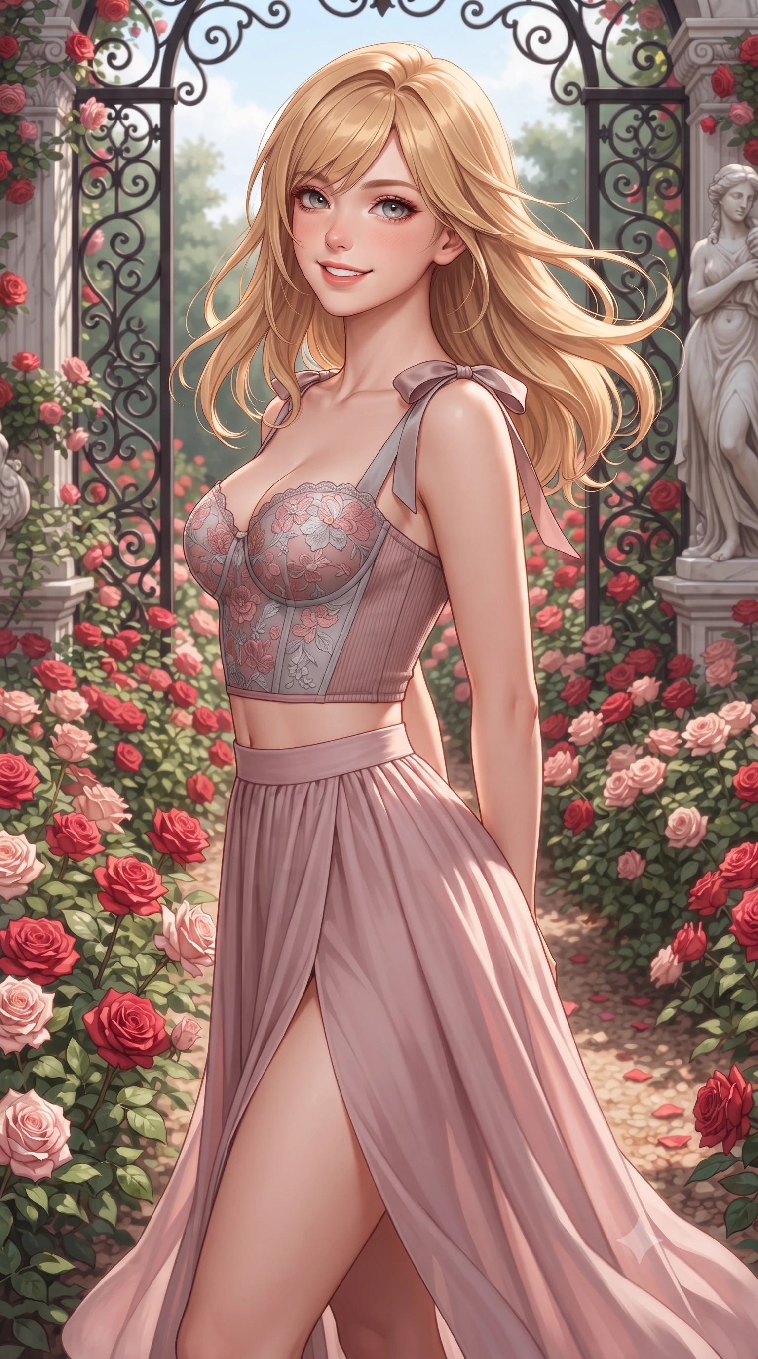 score_9, masterpiece, best quality, ultra-detailed, high-budget anime keyframe, editorial fashion photography, tasteful artistic composition, Caucasian woman. close-up cowboy shot from the waist and thighs up, the character dominates the composition, filling the frame with her large presence. turning playfully with a bright confident smile, her glossy hair tossing in the breeze as her hips angle gracefully in a captivating contrapposto while standing gracefully among thousands of blooming red and pink rose bushes, arching her back with a bright, aristocratic cute smile. The surrounding environment is rendered in vivid detail and crisp panoramic clarity. sharp rose petal textures, wrought-iron scrollwork, and marble statue carving details in deep focus. She has an exceptionally elegant, slender, and willowy female figure with an ultra-slim waist, flat toned midriff, narrow ribcage, and sculpted feminine hips creating an alluring, slim hourglass silhouette without bulk. sharp v-shaped jawline, high-bridge nose, intricate jewel-like sparkling eyes with depth, thick eyelashes, glossy parted lips with a natural peach sheen, bright cheerful beaming smile with an enchanting and coquettish sensual glint, exuding both youthful cute charm and seductive allure, flawlessly proportioned anatomical accuracy, strict slender model proportions, natural body alignment, perfectly sculpted long slender limbs, ultra-slim waistline, clean dynamic posture without body distortion. wearing a delicate floral embroidery bustier top paired with a flowy high-slit chiffon maxi skirt with a side hip opening in dusty rose and soft dove grey, formed from supple second-skin stretch ribbed knit clinging to her form, finished with cute satin bow ribbons tying at the shoulders, the form-contouring cut accentuating her sculpted flat midriff, narrow delicate ribcage, and gracefully curvy hips with supermodel precision. illuminated by warm gravel path bounce light contouring her sculpted cheekbones, ultra-slim waist, and curvy hips. ultra-reflective glossy finish, specular highlights, rich textural contrasts, high-contrast stereoscopic depth, volumetric dynamic lighting, 2k, ultra detail, master piece, 9:16 ratio
