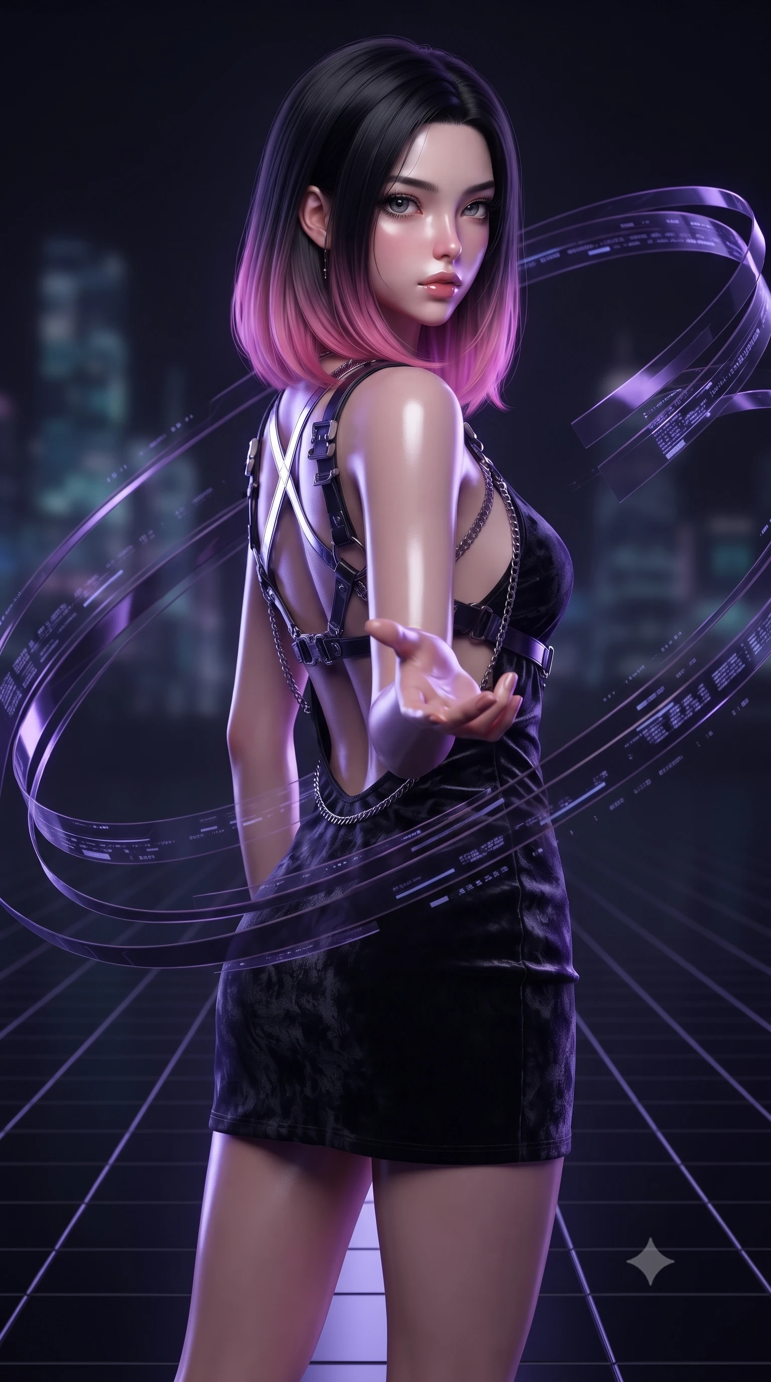 score_9, masterpiece, best quality, ultra-detailed, high-budget anime keyframe, editorial fashion photography, tasteful artistic composition, Korean woman. close-up cowboy shot from the waist and thighs up, the character dominates the composition, filling the frame with her large presence, background elements kept in soft focus. Reaching one hand toward the viewer with relaxed dark elegance, poised on a black grid floor while dark violet holographic ribbons orbit her form, sleek cybernetic line highlights defining her posture. She has an exceptionally elegant, slender, and willowy female figure with an ultra-slim waist, a gracefully sculpted slender torso, and a refined silhouette. sharp v-shaped jawline, high-bridge nose, intricate jewel-like eyes with depth, thick eyelashes, glossy lips with a natural sheen. wearing dramatically scooped backless dark satin mini dress with criss-cross chrome straps in pitch-black onyx, made of crushed dark silk velvet, framed by dark titanium buckles and silver chain details, following her slender form with tailored precision. bathed in high-contrast digital neon rim light and pitch-dark ambient shadows. ultra-reflective glossy finish, specular highlights, metallic sheen, high-contrast stereoscopic depth, volumetric dynamic lighting, 2k, ultra detail, master piece, 9:16 ratio