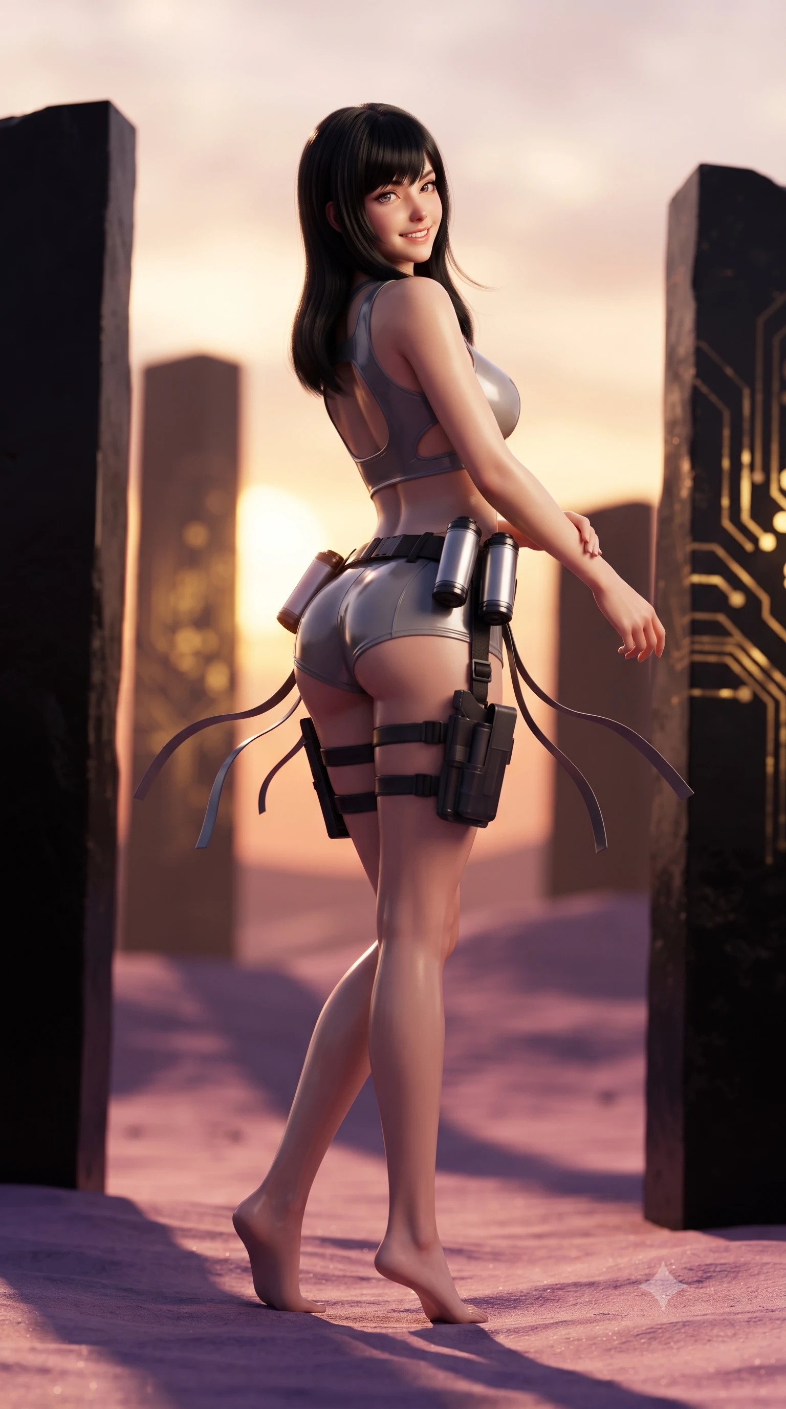 score_9, masterpiece, best quality, ultra-detailed, high-budget anime keyframe, editorial fashion photography, tasteful artistic composition, Caucasian woman. low angle full-body shot from head to toe showing her feet, filling the entire 9:16 vertical frame with her statuesque presence, stretching her vertical silhouette. executing a cheerful mid-motion pivot turn as her tactical belt and ribbons flutter around her slender legs, glancing over her shoulder with an intoxicating, teasing bedroom-gaze while standing poised between colossal black obsidian monoliths rising from alien dunes, arching her back with sovereign ancient-future grace. The background shows a soft-focus soaring obsidian monoliths with glowing golden circuit etchings and rolling violet sand dunes blurred into copper, amethyst, and gold bokeh. She has an absolutely perfect, statuesque 8.5-heads proportion, an exceptionally tall and slender model-like female figure with impossibly long slender legs, an ultra-slim waist, a flat toned midriff, narrow delicate ribcage, and beautifully sculpted feminine hips creating a graceful, slim hourglass silhouette without any bulky heaviness. sharp v-shaped jawline, high-bridge nose, intricate jewel-like sparkling eyes with depth, thick eyelashes, glossy parted lips with a natural sheen, bright confident smile with an enchanting and coquettish sensual glint, exuding both youthful magnetic charm and sovereign high-tech allure, flawlessly proportioned anatomical accuracy, strict slender model proportions, natural body alignment, perfectly sculpted long slender limbs, ultra-slim waistline, clean dynamic posture without body distortion. wearing a high-tech mechanic crop top with asymmetric shoulder straps paired with ultra-fitted tactical hot-pants and thigh holsters in reflective liquid mercury and matte phantom grey, made of smooth liquid latex with high-contrast stereoscopic depth and wet shine, accented with a sleek utility belt with polished magnetic canisters resting loosely on her curvy hips, the precision-cut side openings and low-back scoop framing her graceful spine and the sensual sweep of her slim, toned hips. bathed in the warm, dramatic twin-sun sunset light casting long sculptural shadows. ultra-reflective glossy finish, specular highlights, rich textural contrasts, high-contrast stereoscopic depth, volumetric dynamic lighting, 2k, ultra detail, master piece, 9:16 ratio