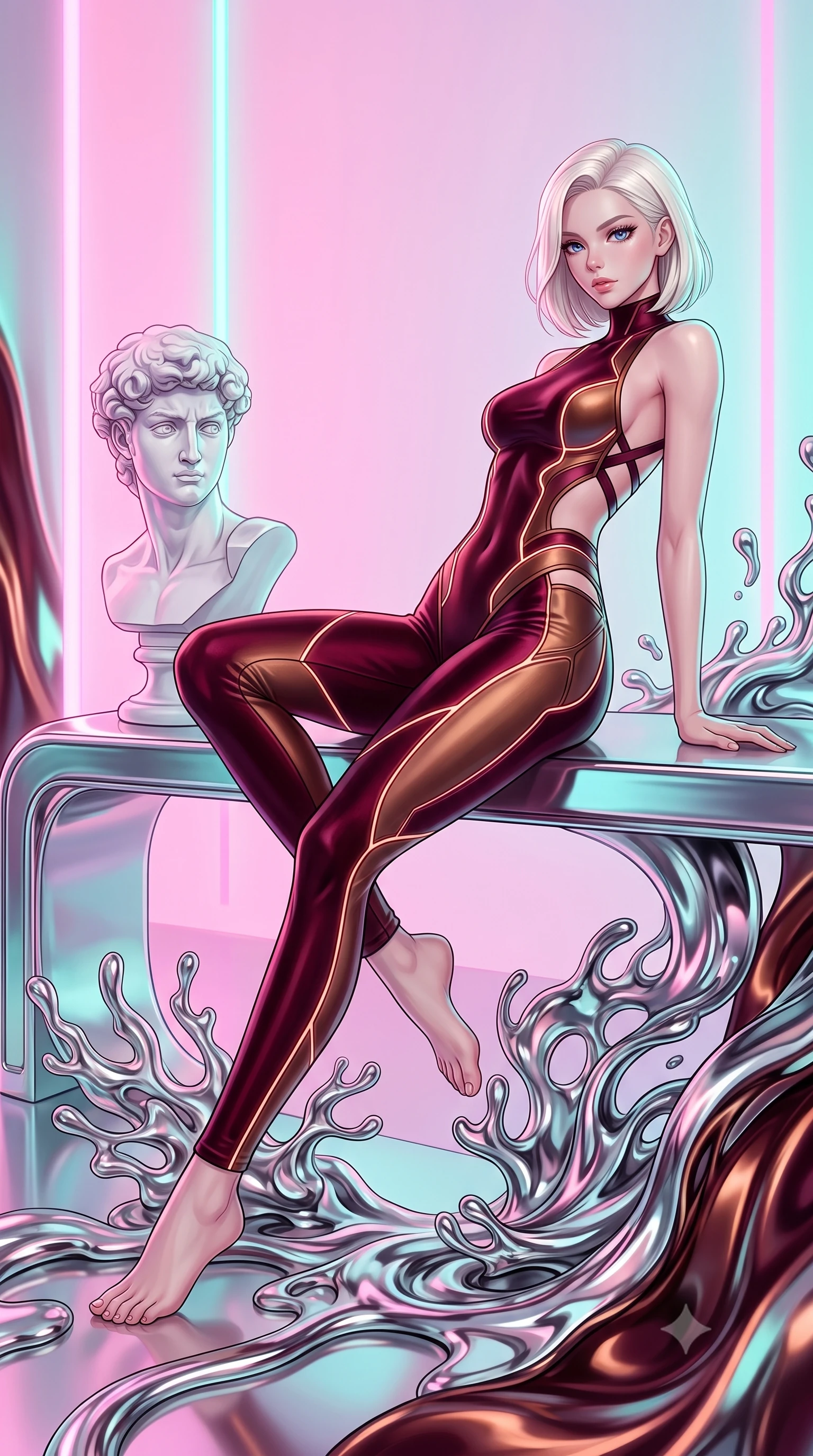 score_9, masterpiece, best quality, ultra-detailed, high-budget anime keyframe, editorial fashion photography, tasteful artistic composition, Caucasian woman. low angle full-body shot from head to toe showing her feet, filling the entire 9:16 vertical frame with her statuesque presence, stretching her vertical silhouette. forging dynamically through the scene with her long slender legs and ultra-slim waist creating a sweeping S-curve while lounging dynamically on a chrome platform beside a classical marble bust statue in neon light, liquid mercury corals flowing smooth like molten chrome around her feet. She has an absolutely perfect, statuesque 8.5-heads proportion, an exceptionally tall and slender model-like female figure with impossibly long slender legs and an ultra-slim waist. sharp v-shaped jawline, high-bridge nose, intricate jewel-like eyes with depth, thick eyelashes, glossy lips with a natural sheen, flawlessly proportioned anatomical accuracy, natural body alignment, perfectly sculpted elegant limbs, clean dynamic posture without body distortion. wearing a skin-tight cybernetic bodysuit with glowing neon seams and side cutouts in deep burgundy and bronze, made of premium stretch velvet with a rich sheen, complemented by criss-cross back straps highlighting her bare shoulders, the glove-like fit emphasizing her statuesque silhouette during motion. bathed in soft pastel pink and turquoise neon glow with glossy chrome reflections. highly saturated vibrant anime colors, detailed shading with soft gradients, rich glossy textures, high-contrast stereoscopic depth, volumetric dynamic lighting, master piece, 9:16 ratio