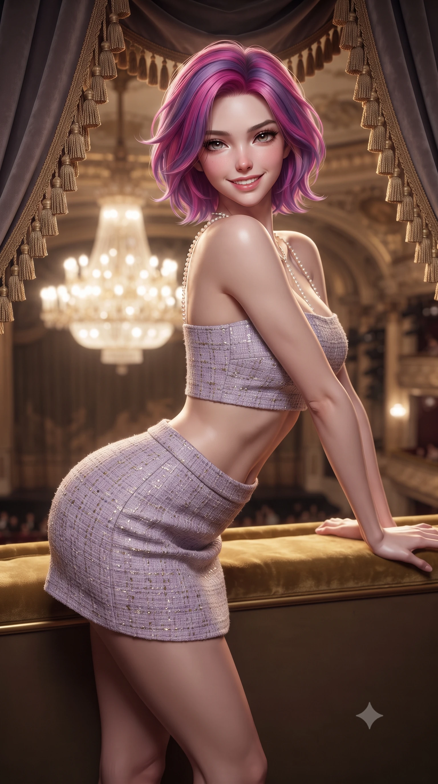 score_9, masterpiece, best quality, ultra-detailed, high-budget anime keyframe, editorial fashion photography, tasteful artistic composition, Caucasian woman. close-up cowboy shot from the waist and thighs up, the character dominates the composition, filling the frame with her large presence. leaning forward while arching her lower back to accentuate her curvy hips, looking into the camera with an intoxicating smoldering gaze and bedroom-eyes while standing poised at the front of the private Imperial Box overlooking the horseshoe auditorium, arching her spine with queenly diva charisma as the colossal central chandelier blazes below. The background shows a soft-focus heavy velvet drapery tassels softened in high-society European opening night shallow focus. She has an exceptionally elegant, slender, and willowy female figure with an ultra-slim waist, flat toned midriff, narrow ribcage, and sculpted feminine hips creating an alluring, slim hourglass silhouette without bulk. sharp v-shaped jawline, high-bridge nose, intricate jewel-like sparkling eyes with depth, thick eyelashes, glossy parted lips with a natural peach sheen, bright cheerful beaming smile with an enchanting and coquettish sensual glint, exuding both youthful cute charm and seductive allure, flawlessly proportioned anatomical accuracy, strict slender model proportions, natural body alignment, perfectly sculpted long slender limbs, ultra-slim waistline, clean dynamic posture without body distortion. wearing an ultra-cropped fitted bandeau top paired with a micro mini tennis skirt revealing her flat midriff in Luberon lavender purple and Provençal limestone cream, woven from structured British tweed with subtle metallic flecks, accented with a pearl-drop body harness subtly framing her dewy collarbones and spine, the second-skin tailored fabric adhering flawlessly to her sculpted flat midriff and slender torso, emphasizing her long leg lines and perfectly proportioned willowy build. illuminated by gilded stucco bounce fill and sharp rose-gold rim lights defining her dewy collarbones, ultra-slim waist, and curvy hips. ultra-reflective glossy finish, specular highlights, rich textural contrasts, high-contrast stereoscopic depth, volumetric dynamic lighting, 2k, ultra detail, master piece, 9:16 ratio