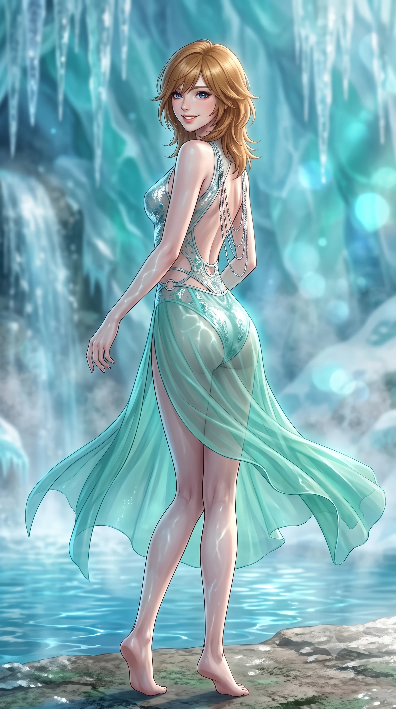 score_9, masterpiece, best quality, ultra-detailed, high-budget anime keyframe, editorial fashion photography, tasteful artistic composition, Korean woman. low angle full-body shot from head to toe showing her feet, filling the entire 9:16 vertical frame with her statuesque presence, stretching her vertical silhouette. executing a slow, graceful pivot turn as her skirt sways around her slender legs, glancing back with an enchanting, teasing sensual expression while twisting her slender torso in an alluring contrapposto stance beside the thermal waterfall, azure water caustics dancing across her narrow waist and curvy hips. The background shows a soft-focus translucent turquoise and sapphire glacial ice strata, suspended crystalline icicles, and rising thermal mineral steam blurred into cyan, aquamarine, and diamond bokeh. She has an exceptionally tall and slender model-like 8.5-heads proportion, an ultra-slim waist, a flat toned midriff, narrow delicate ribcage, and beautifully sculpted feminine hips creating a graceful, slim hourglass silhouette without any bulky heaviness, with impossibly long slender legs. sharp v-shaped jawline, high-bridge nose, intricate jewel-like sparkling eyes with depth, thick eyelashes, glossy parted lips with a natural peach sheen, bright cheerful beaming smile with an enchanting and coquettish sensual glint, exuding both youthful cute charm and seductive allure, flawlessly proportioned anatomical accuracy, strict slender model proportions, natural body alignment, perfectly sculpted long slender limbs, ultra-slim waistline, clean dynamic posture without body distortion. wearing a provocative sheer-illusion cyber-mesh bodysuit with strategic metallic foil flocking and high-cut leg openings in polar aurora jade and starlight platinum, adorned with delicate chrome ring hardware and cutouts along her slender waist, accented with an open-back drape framed by falling strands of delicate chrome chains, the liquid-tight tailored fabric clinging flawlessly to her narrow waist and rounded feminine hips, emphasizing every millimeter of her sculpted slim hourglass curves without any bulky heaviness. illuminated by pool surface reflection bounce and sharp ice-blue rim lights sculpting her razor-sharp jawline, narrow waist, and curvy hips. ultra-reflective glossy finish, specular highlights, rich textural contrasts, high-contrast stereoscopic depth, volumetric dynamic lighting, 2k, ultra detail, master piece, 9:16 ratio