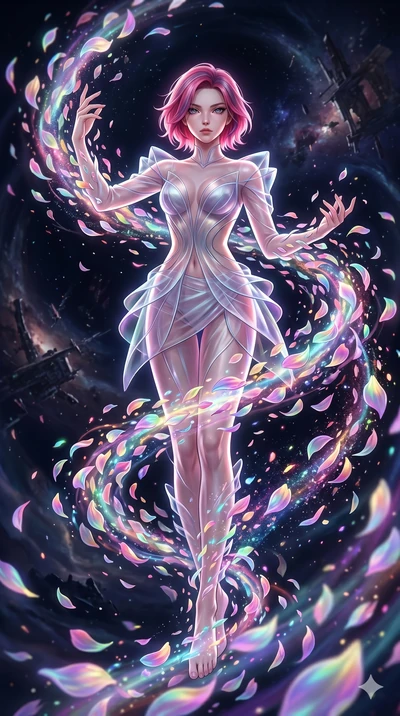 score_9, masterpiece, best quality, ultra-detailed, High-budget Anime Keyframe, East Asian woman. Low angle cowboy shot filling the entire 9:16 frame with her statuesque presence. Scenario 201: Dissolving into a cloud of iridescent silk petals in a v