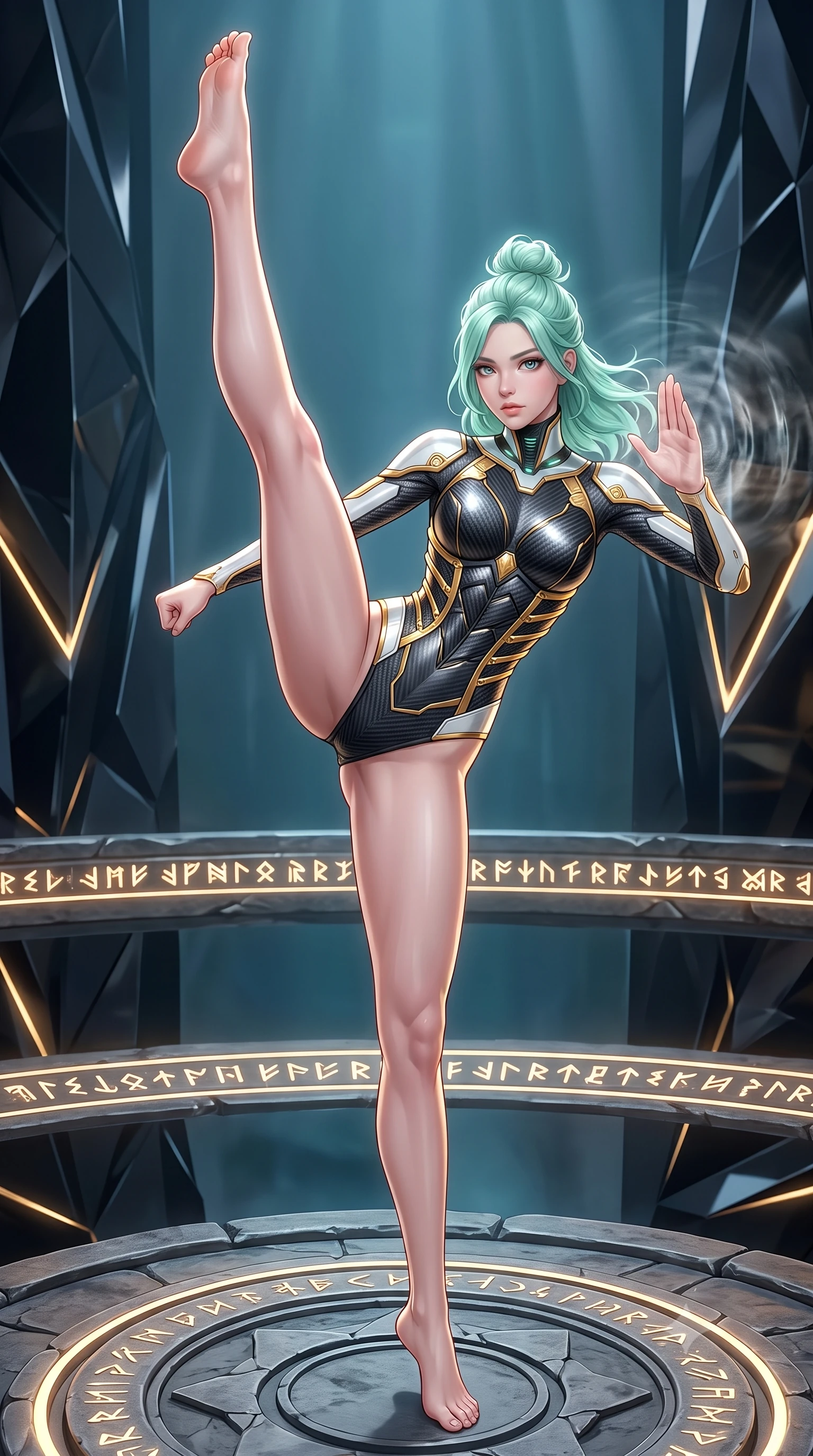 score_9, masterpiece, best quality, ultra-detailed, high-budget anime keyframe, semi-realistic 3D game render, editorial fashion photography, tasteful artistic composition, Japanese woman. low angle full-body shot from head to toe showing her feet, filling the entire 9:16 vertical frame with her statuesque presence, stretching her vertical silhouette. executing a breathtaking zero-gravity high-kick with full 180-degree vertical extension, her impossibly long slender legs dominating the frame with razor-sharp poise while pivoting dynamically on a circular stone glyph platform as she unleashes a high-frequency vibration palm strike into the open air. The surrounding environment is rendered in vivid detail and crisp panoramic clarity. sharp obsidian stone facet reflections, glowing rune line borders, and Damascus carbon weave texture in deep focus. She has an absolutely perfect, statuesque 8.5-heads proportion, an exceptionally tall and slender model-like female figure with impossibly long slender legs, a toned flat midriff, and an ultra-slim waist. sharp v-shaped jawline, high-bridge nose, intricate jewel-like eyes with depth, thick eyelashes, glossy lips with a natural sheen, flawlessly proportioned anatomical accuracy, strict slender model proportions, natural body alignment, perfectly sculpted long slender limbs, ultra-slim waistline, clean dynamic posture without body distortion. wearing a precision-tailored high-fashion carbon-fiber corset bodysuit with gold mechanical rib boning and kinetic shock-dampening palms in arctic white carbon composite with radiant solar gold plating, crafted from ultra-strong woven carbon-fiber composite with a satin luster, featuring a sleek aerodynamic collar framed by subtle glowing cybernetic status LEDs, the form-contouring material adhering flawlessly to her sculpted flat midriff and slender torso, emphasizing her long leg lines and perfectly proportioned willowy build. surrounded by an awe-inspiring, ancient, and radiantly transcendent martial muse sovereignty aura. rich saturated anime colors with glowing neon highlights, detailed shading with soft gradients, rich glossy textures, high-contrast stereoscopic depth, volumetric dynamic lighting, master piece, 9:16 ratio