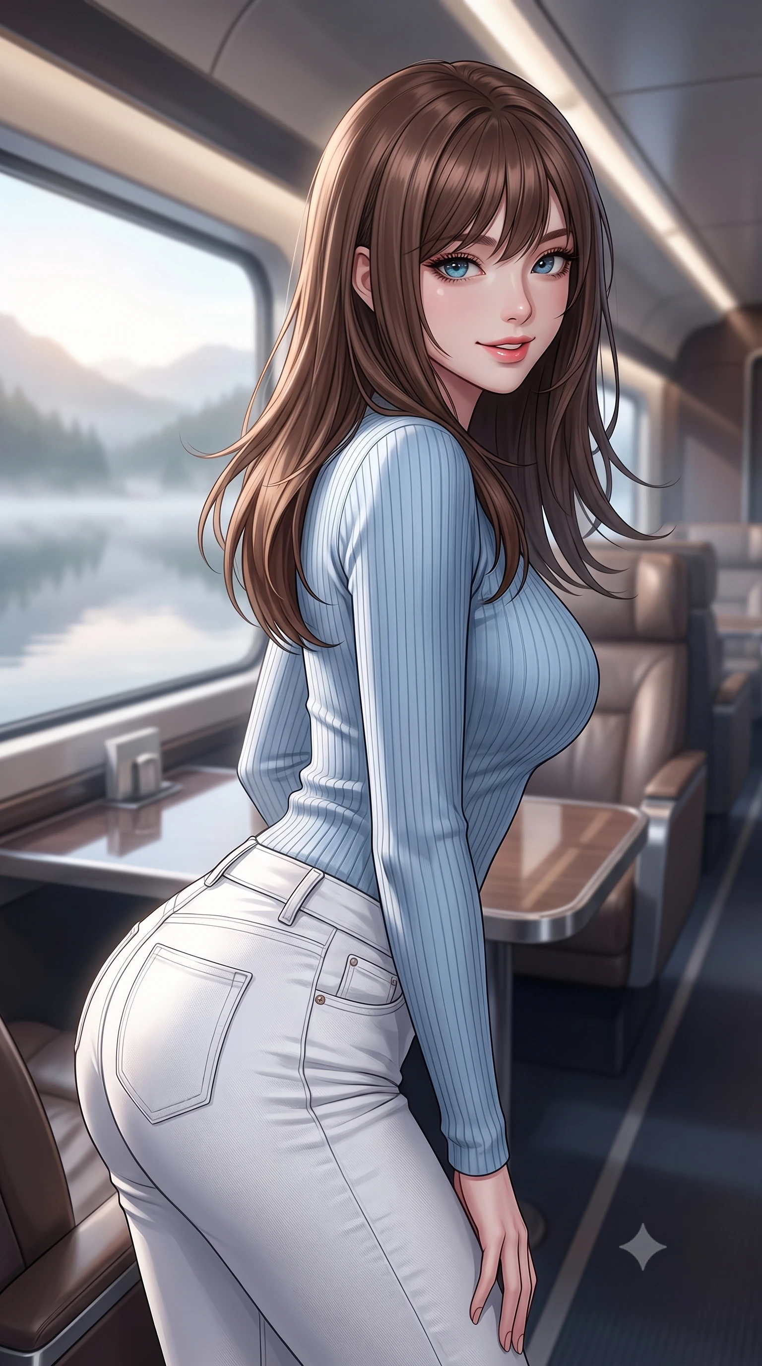 score_9, masterpiece, best quality, ultra-detailed, high-budget anime keyframe, editorial fashion photography, tasteful artistic composition, Korean woman. close-up cowboy shot from the waist and thighs up, the character dominates the composition, filling the frame with her large presence, background elements kept in soft focus. leaning slightly forward with a playful, teasing smile, her gaze locked onto the viewer the background shows a soft-focus the luxury lounge car of a high-speed train passing a misty lake at dawn. She has an exceptionally elegant, slender, and willowy female figure with an ultra-slim waist, a gracefully sculpted slender torso, and a refined silhouette. sharp v-shaped jawline, high-bridge nose, intricate jewel-like eyes with depth, thick eyelashes, glossy lips with a natural sheen. wearing a body-hugging body-hugging light blue ribbed long-sleeve top paired with tight white denim pants. soft morning mist diffusing the sunlight, creating a tranquil atmosphere. ultra-reflective glossy finish, specular highlights, metallic sheen, high-contrast stereoscopic depth, volumetric dynamic lighting, 2k, ultra detail, master piece, 9:16 ratio
