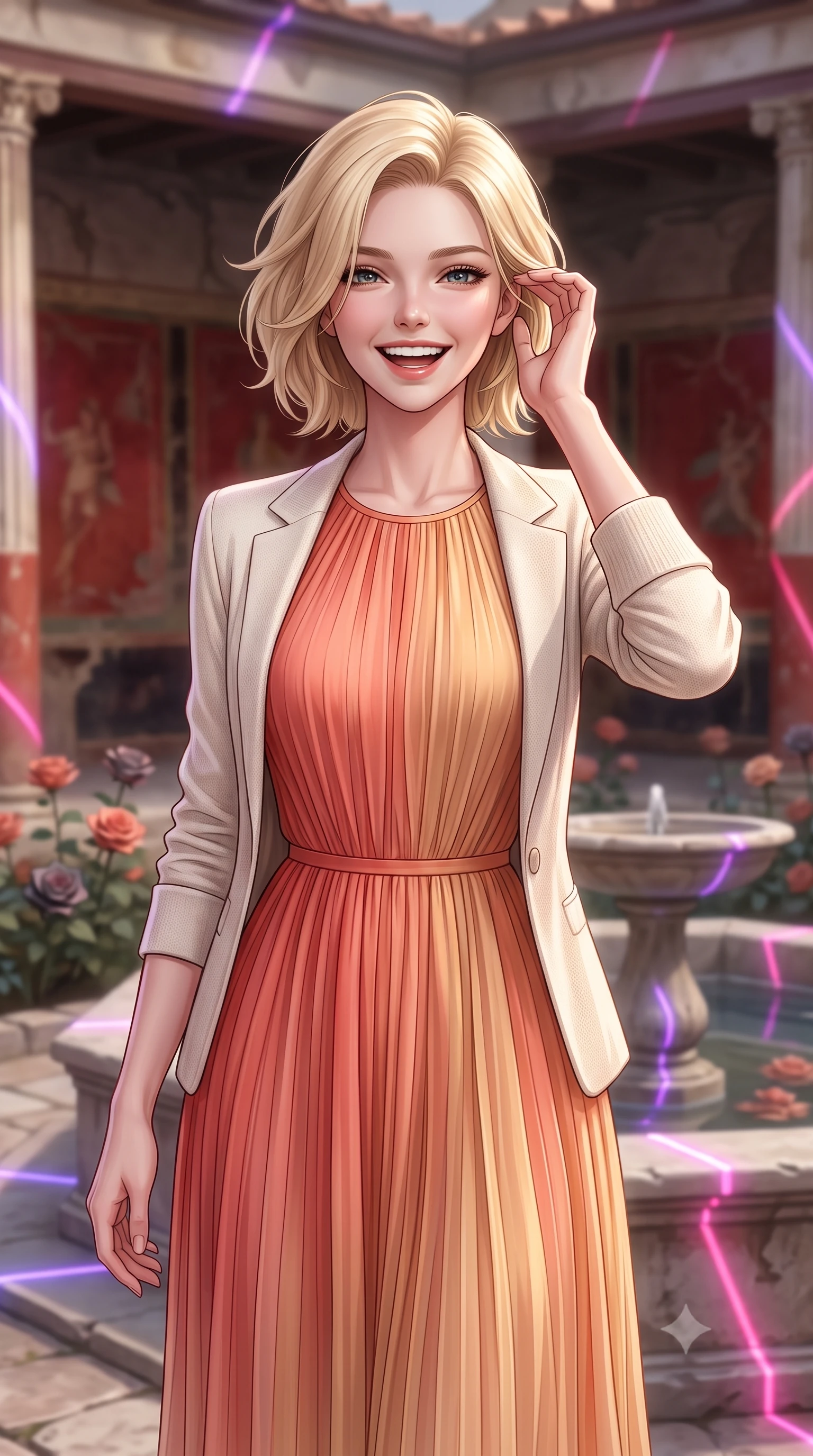 score_9, masterpiece, best quality, ultra-detailed, high-budget anime keyframe, editorial fashion photography, tasteful artistic composition, Caucasian woman, strictly human ears. close-up cowboy shot from the waist and thighs up, the character dominates the composition, filling the frame with her large presence, background elements kept in soft focus. Laughing softly while brushing a strand of hair behind her ear. set against a soft-focus background of inside a preserved Roman villa courtyard with red frescoed walls and columns, with rare volcanic ash roses blooming around a stone fountain. She has an exceptionally elegant, slender, and willowy female figure with a highly-defined ultra-slim waist, a gracefully sculpted slender torso, and a refined slim-fit silhouette that contours her form. sharp v-shaped jawline, high-bridge nose, intricate jewel-like eyes with depth, thick eyelashes, glossy lips with a natural sheen. wearing a flowing pleated chiffon midi dress in a sunset apricot gradient, layered under a light ivory knit blazer. laser lines of violet and hot pink reflecting off surfaces casting geometric neon highlights. 2k, ultra detail, master piece, 9:16 ratio