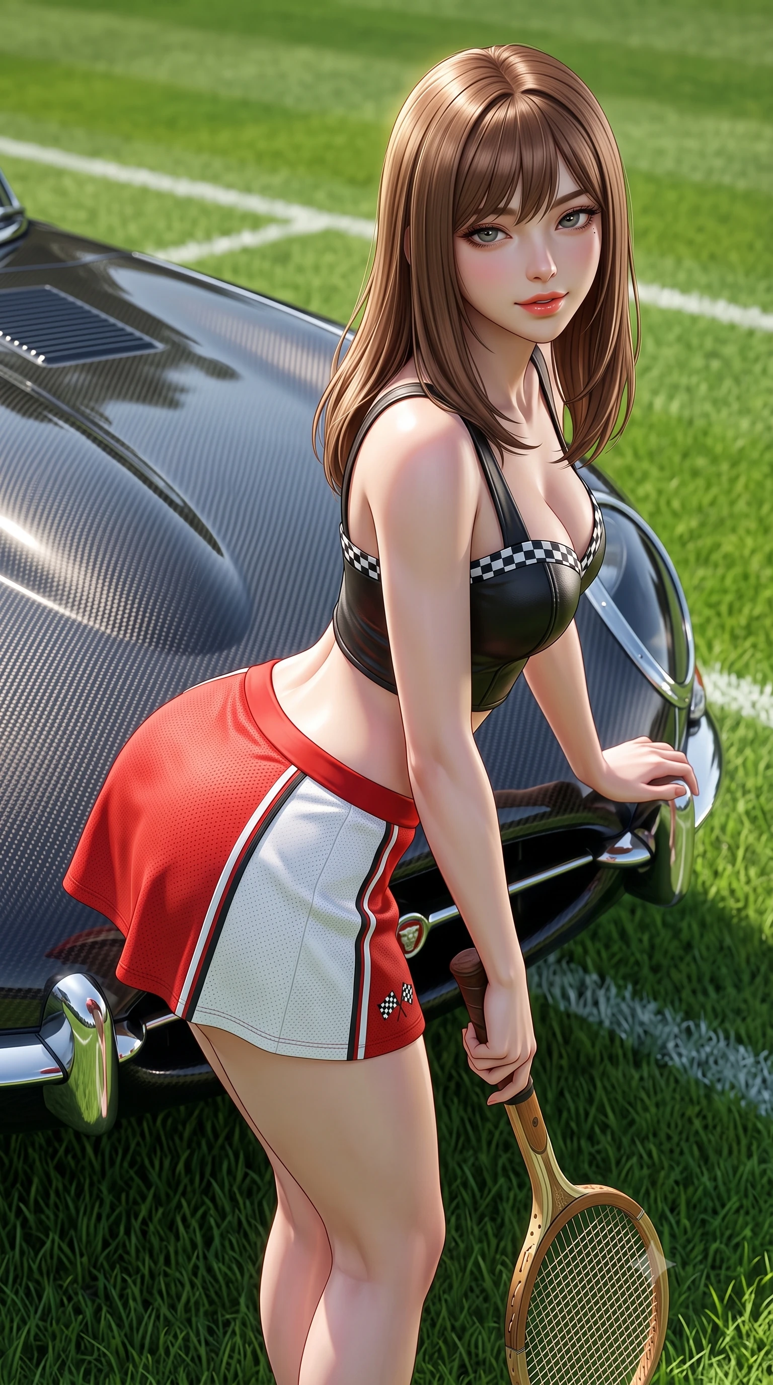 score_9, masterpiece, best quality, ultra-detailed, high-budget anime keyframe, semi-realistic 3D game render, editorial fashion photography, tasteful artistic composition, Korean woman. close-up cowboy shot from the waist and thighs up, the character dominates the composition, filling the frame with her large presence. leaning forward over the carbon car hood while arching her lower back to accentuate her curvy hips, looking into the camera with a confident smoldering smile and bedroom-eyes while standing in the center of the manicured pristine grass court with a vintage wooden racket in hand, arching her back with timeless aristocratic poise. The surrounding environment is rendered in vivid detail and crisp panoramic clarity: sharp cut grass blade textures, chalk line demarcations, and vintage Jaguar chrome bumper reflections in deep focus. She has an exceptionally elegant, slender, and willowy female figure with an ultra-slim waist, flat toned midriff, narrow ribcage, and sculpted feminine hips creating an alluring, slim hourglass silhouette without bulk. sharp v-shaped jawline, high-bridge nose, sparkling eyes with athletic focus and depth, thick curled eyelashes, glossy parted lips with a natural coral-peach sheen, bright confident and coquettish smile with alluring bedroom-eyes, exuding both youthful sporty vigor and sovereign high-society glamour, flawlessly proportioned anatomical accuracy, strict slender model proportions, natural body alignment, perfectly sculpted long slender limbs, ultra-slim waistline, clean dynamic posture without body distortion. wearing a chic leather bustier top with checkered flag trim paired with an ultra-short A-line tennis skirt in Scuderia racing red and pure alabaster white, woven from semi-opaque performance athletic mesh with hexagonal micro-perforations, finished with contrasting racing stripe tape and subtle checkered flag embroidery, the liquid-tight tailored fabric clinging flawlessly to her narrow waist and rounded feminine hips, emphasizing every millimeter of her sculpted slim hourglass curves without any bulky heaviness. illuminated by emerald grass bounce fill and crisp white-gold rim lighting defining her sculpted collarbones, ultra-slim waist, and curvy hips. highly saturated vibrant anime colors, detailed shading with soft gradients, rich glossy textures, high-contrast stereoscopic depth, volumetric dynamic lighting, master piece, 9:16 ratio