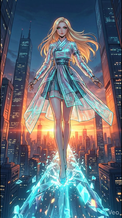 Cinematic 8-second video. A blonde woman in a translucent, iridescent futuristic Hanbok floats racefully above a sprawlin cyberpunk metropolis at sunset. The lowin crystalline shards beneath her feet pulsate and drift slowly. The camera performs a sl