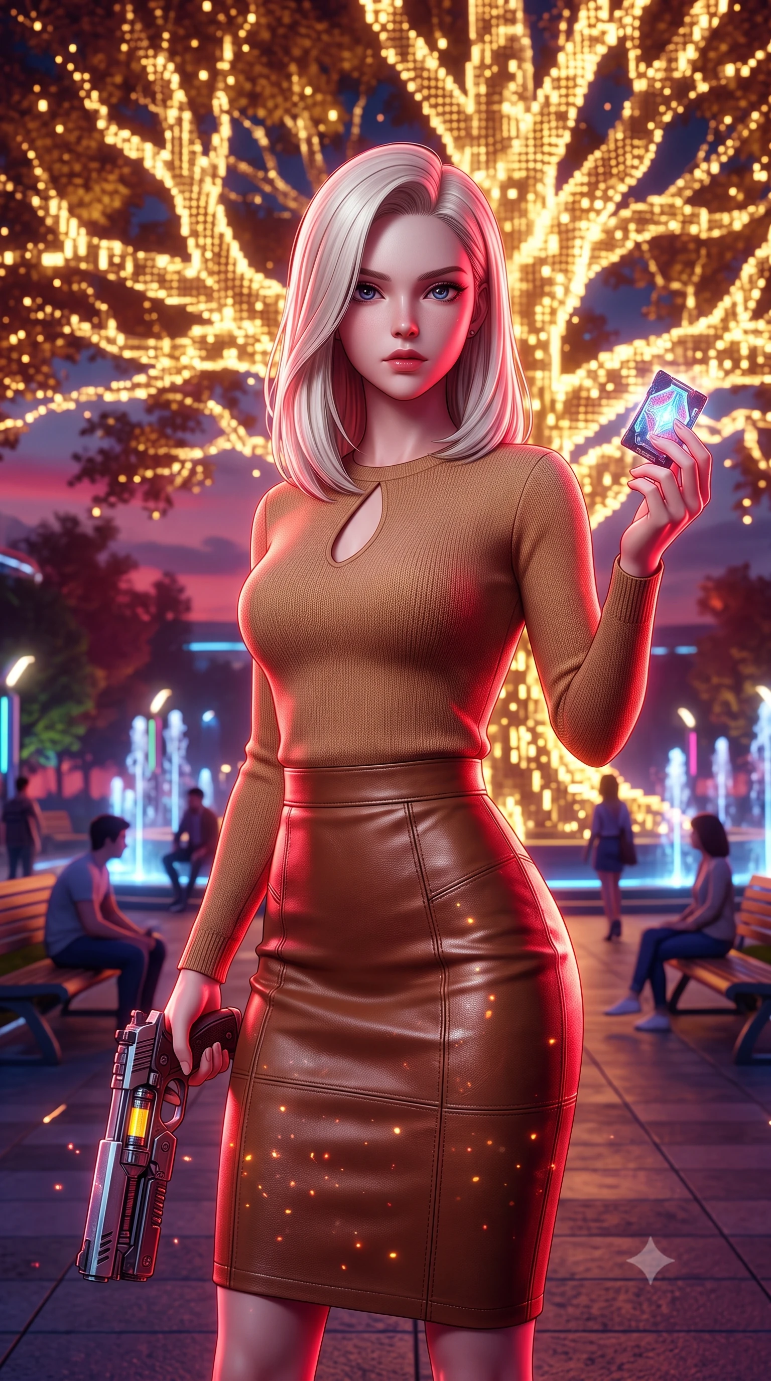 score_9, masterpiece, best quality, ultra-detailed, high-budget anime keyframe, editorial fashion photography, tasteful artistic composition, Caucasian woman, strictly human ears. close-up cowboy shot from the waist and thighs up, the character dominates the composition, filling the frame with her large presence, background elements kept in soft focus. Holding a glowing data drive aloft while reloading a futuristic plasma pistol, ready for the next wave. set against a soft-focus background of a public plaza where a massive ancient oak tree is represented by glowing golden digital voxels, people sitting in soft focus. She has an exceptionally elegant and slender, willowy female figure with an ultra-slim waist, a gracefully sculpted slender torso, and a refined slim physique. sharp v-shaped jawline, high-bridge nose, intricate jewel-like eyes with depth, thick eyelashes, glossy lips with a natural sheen. wearing catching and diffusing the glowing particles, shimmering softly in response to the surrounding light, a tailored camel-colored knit top with a keyhole chest cutout, paired with a brown leather pencil skirt. highly saturated vibrant anime colors, intense vivid color palette, soft 3D volumetric shading, volumetric dynamic lighting, deep crimson theatrical lighting with sharp specular highlights on every curve. 2k, ultra detail, master piece, 9:16 ratio