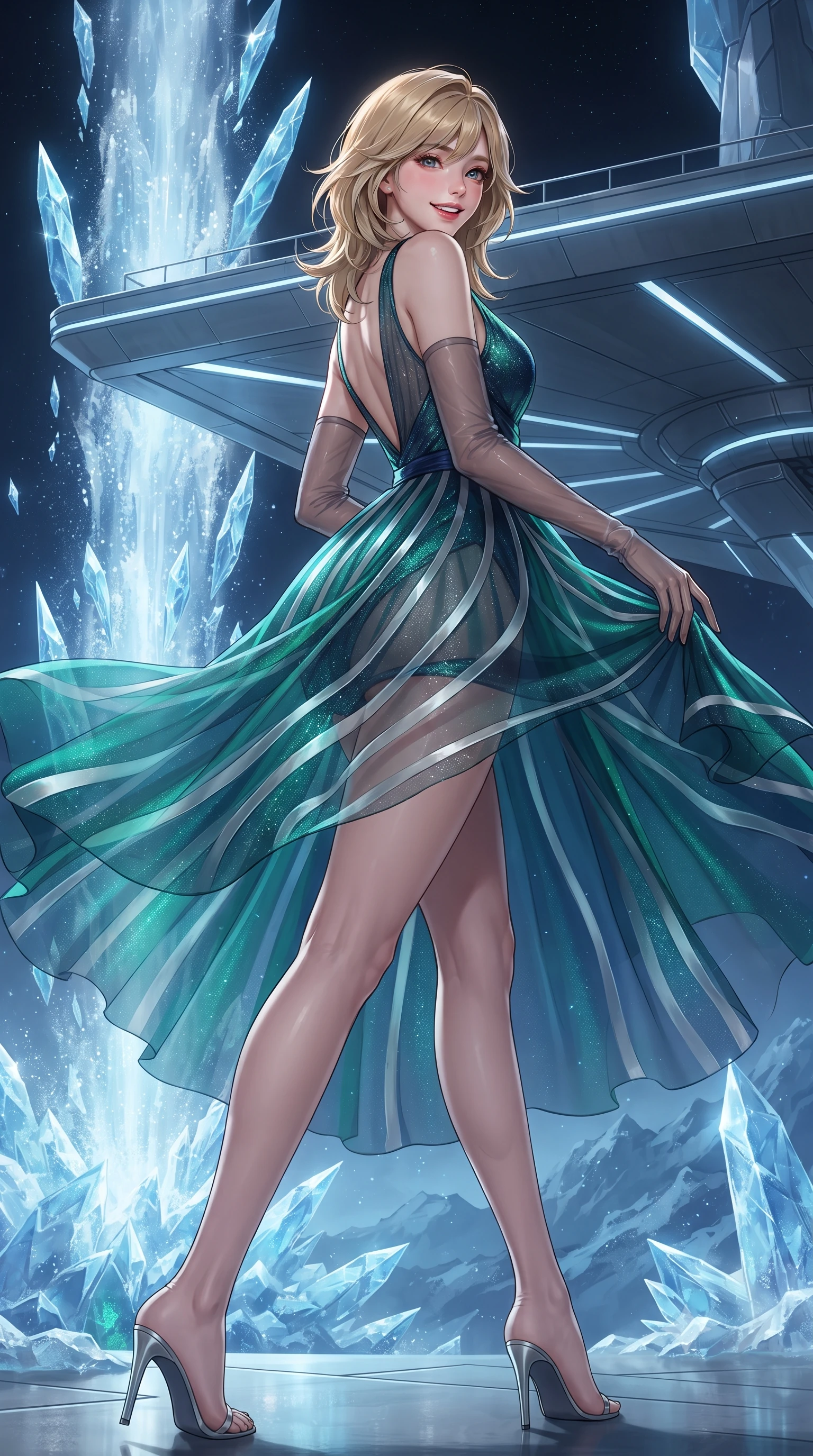 score_9, masterpiece, best quality, ultra-detailed, high-budget anime keyframe, editorial fashion photography, tasteful artistic composition, Korean woman. low angle full-body shot from head to toe showing her feet, filling the entire 9:16 vertical frame with her statuesque presence, stretching her vertical silhouette. executing a slow, graceful pivot turn as her skirt sways around her slender legs, glancing back with an enchanting, teasing sensual expression while standing poised on the cantilevered observation deck overlooking a massive cryo-volcano erupting water-ice crystals into the vacuum, arching her lower back with magnetic siren charisma. The surrounding environment is rendered in vivid detail and crisp panoramic clarity: sharp cantilevered composite deck beams, crystalline ice geyser facets in vacuum, and high-tech heating elements in deep focus. She has an exceptionally tall and slender model-like 8.5-heads proportion, an ultra-slim waist, a flat toned midriff, narrow delicate ribcage, and beautifully sculpted feminine hips creating a graceful, slim hourglass silhouette without any bulky heaviness, with impossibly long slender legs. sharp v-shaped jawline, high-bridge nose, intricate jewel-like sparkling eyes with depth, thick eyelashes, glossy parted lips with a natural peach sheen, bright cheerful beaming smile with an enchanting and coquettish sensual glint, exuding both youthful cute charm and seductive allure, flawlessly proportioned anatomical accuracy, strict slender model proportions, natural body alignment, perfectly sculpted long slender limbs, ultra-slim waistline, clean dynamic posture without body distortion. wearing a plunge-front sheer illusion tulle combat slip dress with liquid platinum ribbon stripes hugging her curves in bioluminescent emerald and abyssal sapphire, woven from stretch metallic lurex jersey casting radiant starlight glints across her curves, complemented by sheer opera-length evening gloves tracing her slender arms, the impeccably tailored cut draping gracefully along her slender figure with aristocratic poise. illuminated by crystal plume reflection bounce and sharp diamond-white rim lights defining her jawline, narrow waist, and curvy hips. ultra-reflective glossy finish, specular highlights, rich textural contrasts, high-contrast stereoscopic depth, volumetric dynamic lighting, 2k, ultra detail, master piece, 9:16 ratio