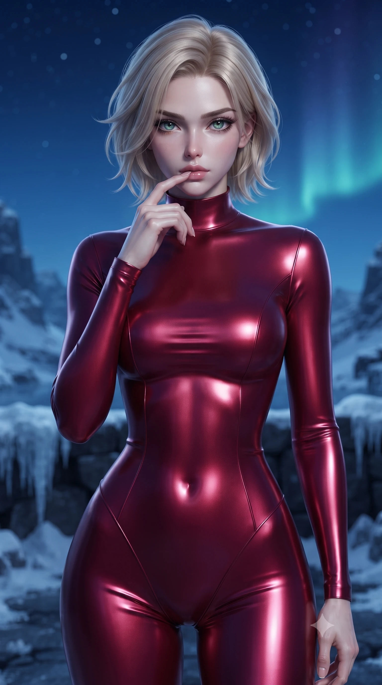 score_9, masterpiece, best quality, ultra-detailed, high-budget anime keyframe, editorial fashion photography, tasteful artistic composition, Caucasian woman. close-up cowboy shot from the waist and thighs up, the character dominates the composition, filling the frame with her large presence, background elements kept in soft focus. pressing one finger to her bottom lip in a thoughtful, composed gesture, locking eyes with the viewer, the background shows a soft-focus an ice peak deck built of dark basalt stone under a clear starry sky. She has an exceptionally elegant, slender, and willowy female figure with an ultra-slim waist, a gracefully sculpted slender torso, and a refined silhouette. sharp v-shaped jawline, high-bridge nose, intricate jewel-like eyes with depth, thick eyelashes, glossy lips with a natural sheen. wearing a tailored form-contouring high-neck bodycon suit in deep crimson, contouring her athletic build like a second skin. cool silver starlight wrapping her statuesque posture in a solemn mood. ultra-reflective glossy finish, specular highlights, metallic sheen, high-contrast stereoscopic depth, volumetric dynamic lighting, 2k, ultra detail, master piece, 9:16 ratio