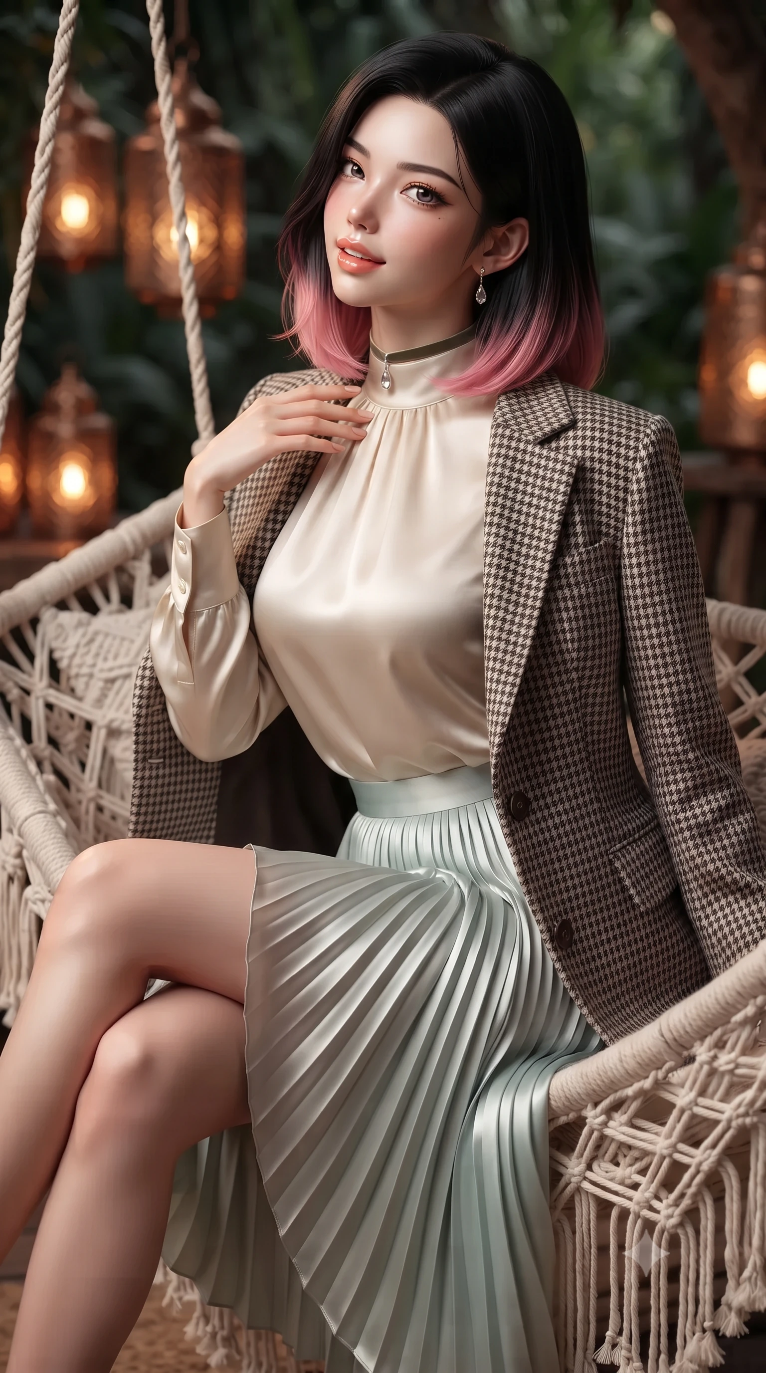 score_9, masterpiece, best quality, ultra-detailed, high-budget anime keyframe, editorial fashion photography, tasteful artistic composition, Korean woman. close-up cowboy shot from the waist and thighs up, the character dominates the composition, filling the frame with her large presence. posing in an alluring rear three-quarter angle, looking over a bare shoulder with parted glossy lips, her hips cocked back to highlight her slim hourglass curve while lounging in the hanging macramé daybed propped on one elbow with legs crossed, running one manicured hand slowly down her collarbone with magnetic allure. The background shows a soft-focus flickering pierced copper lantern glows softened in bohemian luxury jungle retreat shallow focus. She has an exceptionally elegant, slender, and willowy female figure with an ultra-slim waist, flat toned midriff, narrow ribcage, and sculpted feminine hips creating an alluring, slim hourglass silhouette without bulk. sharp v-shaped jawline, high-bridge nose, intricate jewel-like sparkling eyes with depth, thick eyelashes, glossy parted lips with a natural peach sheen, bright cheerful beaming smile with an enchanting and coquettish sensual glint, exuding both youthful cute charm and seductive allure, flawlessly proportioned anatomical accuracy, strict slender model proportions, natural body alignment, perfectly sculpted long slender limbs, ultra-slim waistline, clean dynamic posture without body distortion. wearing a bespoke Normandy houndstooth equestrian blazer draped over a high-neck silk crepe blouse and pleated midi skirt in Deauville Belle Époque champagne luster and seafoam pearl, crafted from bespoke double-faced cashmere with an exceptionally soft tactile finish, finished with a thin velvet ribbon choker and a single teardrop diamond pendant, the bespoke structured tailoring following the natural line of her 8.5-heads silhouette with refined elegance. illuminated by wood deck reflection bounce and sharp amber-gold rim lights defining her dewy collarbones, ultra-slim waist, and curvy hips. ultra-reflective glossy finish, specular highlights, rich textural contrasts, high-contrast stereoscopic depth, volumetric dynamic lighting, 2k, ultra detail, master piece, 9:16 ratio