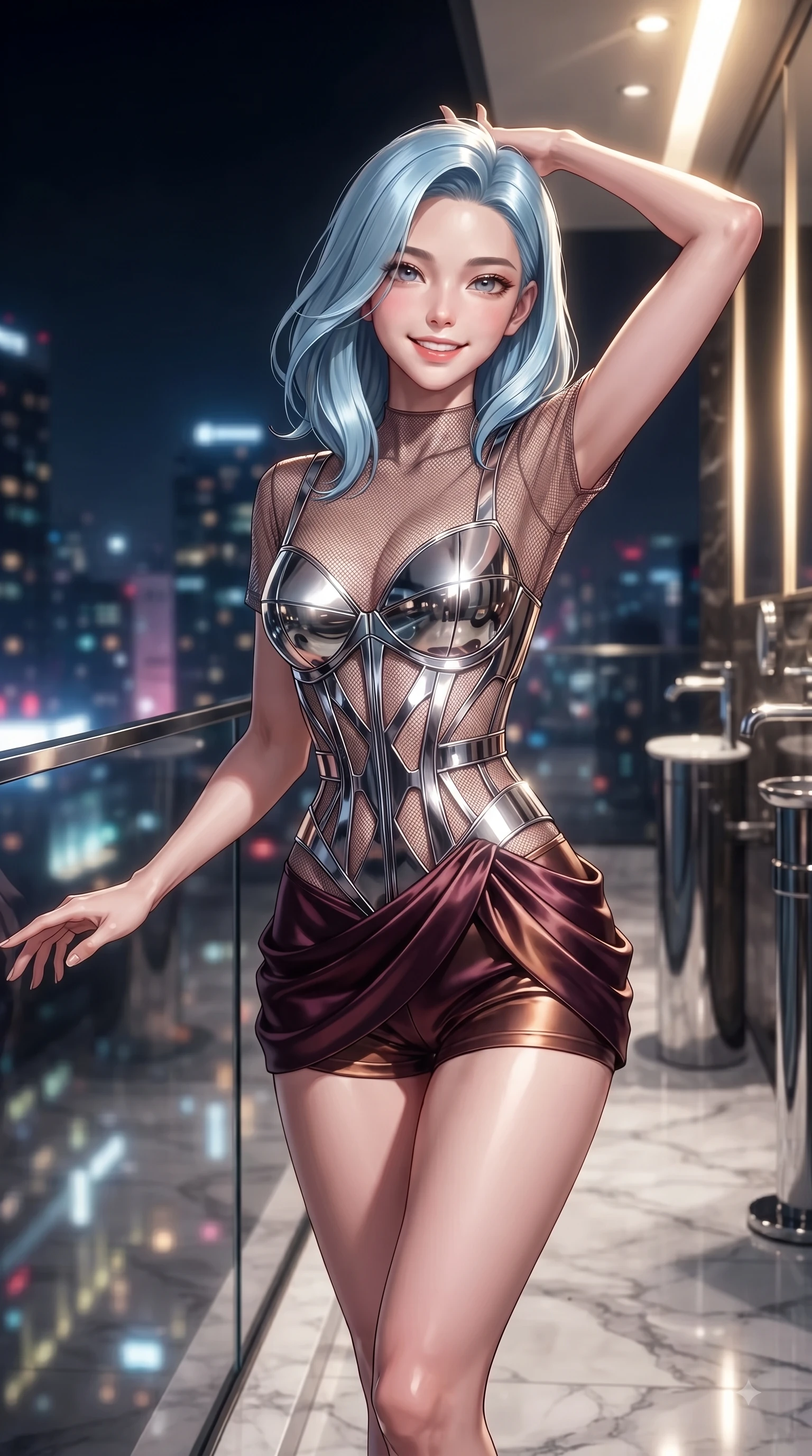 score_9, masterpiece, best quality, ultra-detailed, high-budget anime keyframe, editorial fashion photography, tasteful artistic composition, Korean woman. close-up cowboy shot from the waist and thighs up, the character dominates the composition, filling the frame with her large presence, background elements kept in soft focus. Extending one arm in an elegant stretch toward the light while smiling with vibrant, youthful self-assurance while reaching one hand gracefully toward a glass railing overlooking a vibrant urban skyline, sleek chrome fixtures and polished marble floors reflecting crisp editorial key lights. She has an exceptionally elegant, slender, and willowy female figure with an ultra-slim waist, a gracefully sculpted slender torso, and a refined silhouette. sharp v-shaped jawline, high-bridge nose, intricate jewel-like eyes with depth, thick eyelashes, glossy lips with a natural sheen, flawlessly proportioned anatomical accuracy, natural body alignment, perfectly sculpted elegant limbs, clean dynamic posture without body distortion. wearing a chrome-plated structured bodice worn over a sheer mesh top and micro-shorts in deep burgundy and bronze, crafted from lustrous satin jersey with fluid draping, featuring clean architectural cutouts along her slender torso, the sleek second-skin texture accentuating her magnetic presence. bathed in dramatic high-contrast urban night lights and sleek golden spotlights. ultra-reflective glossy finish, specular highlights, metallic sheen, high-contrast stereoscopic depth, volumetric dynamic lighting, 2k, ultra detail, master piece, 9:16 ratio