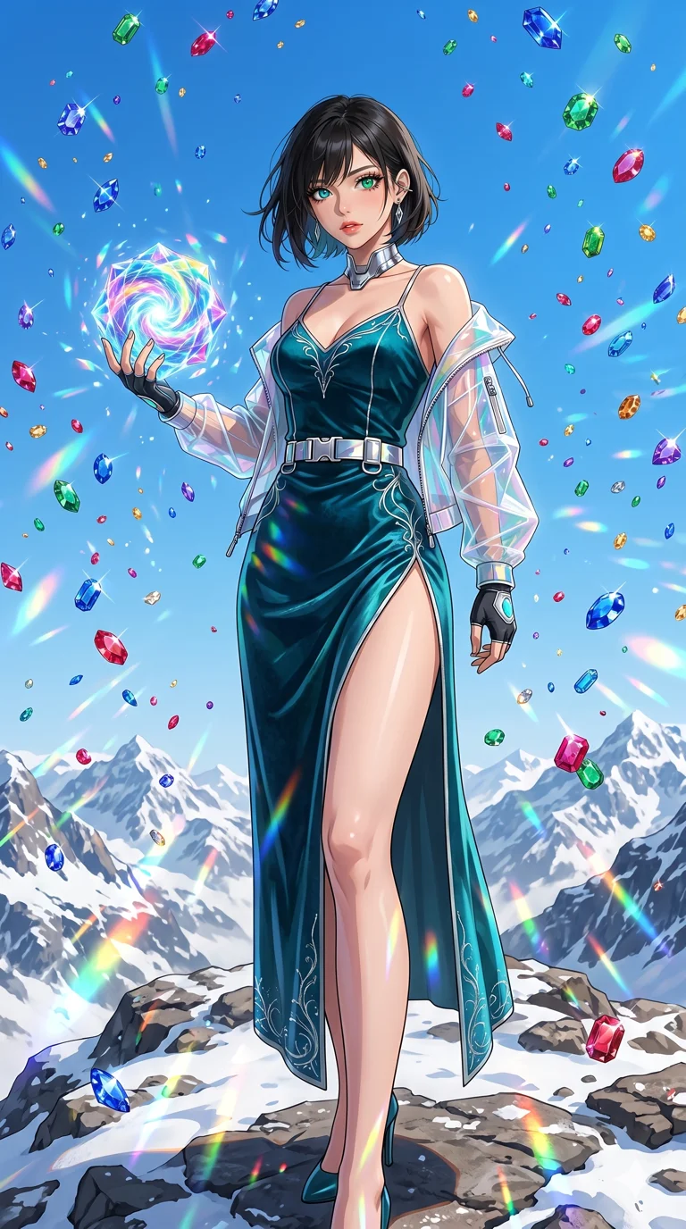 score_9, masterpiece, best quality, ultra-detailed, High-budget Anime Keyframe, beautiful Caucasian anime girl (strictly human ears). Low angle cowboy shot filling the entire 9:16 frame with her statuesque presence. Standing in a rain of colorful jewels on a mountain peak under a clear blue sky. She has an absolutely perfect 8-heads proportion, an exceptionally tall and slender female figure with impossibly long slender legs and an ultra-slim waist. Sharp v-shaped jawline, high-bridge nose, intricate jewel-like eyes with depth, thick eyelashes, glossy lips with a natural sheen. Wearing a High-Fashion Editorial outfit: velvet slip dress with a dangerously high side slit and silver accents. Background is a bright and colorful snowy mountain with thousands of falling gems and prismatic light. 2k, ultra detail, master piece, 9:16 ratio