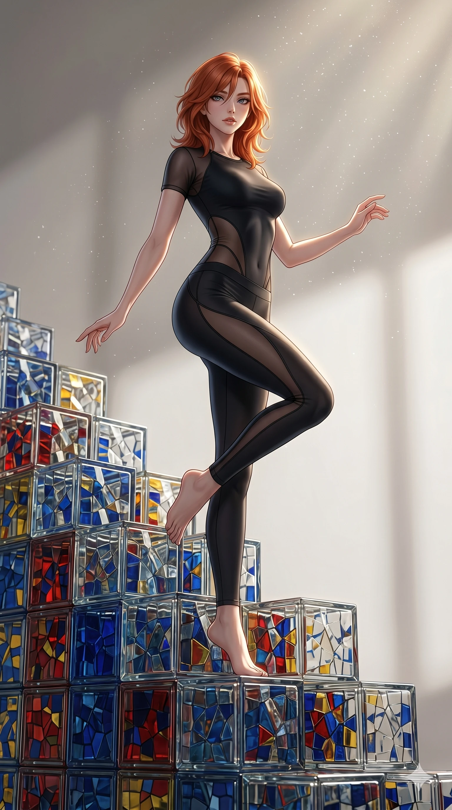score_9, masterpiece, best quality, ultra-detailed, high-budget anime keyframe, Korean woman. low angle full-body shot filling the entire 9:16 frame with her statuesque presence, stretching the vertical silhouette. balancing on cubist glass blocks that cascade like a waterfall, reflecting complex mosaic patterns and primary colors. She has an absolutely perfect 8-heads proportion, an exceptionally tall and slender female figure with impossibly long slender legs and an ultra-slim waist. V-shaped jawline, high-bridge nose, intricate jewel-like eyes with depth, thick eyelashes, glossy lips with a natural sheen.. wearing a sheer mesh athleisure set, featuring a tight matte black top and leggings with semi-opaque mesh panels tracing the curves of her waist and thighs. illuminated by dramatic chiaroscuro casting soft shadows along her curves, with vibrant backlighting highlighting the dust particles. 2k, ultra detail, master piece, 9:16 ratio