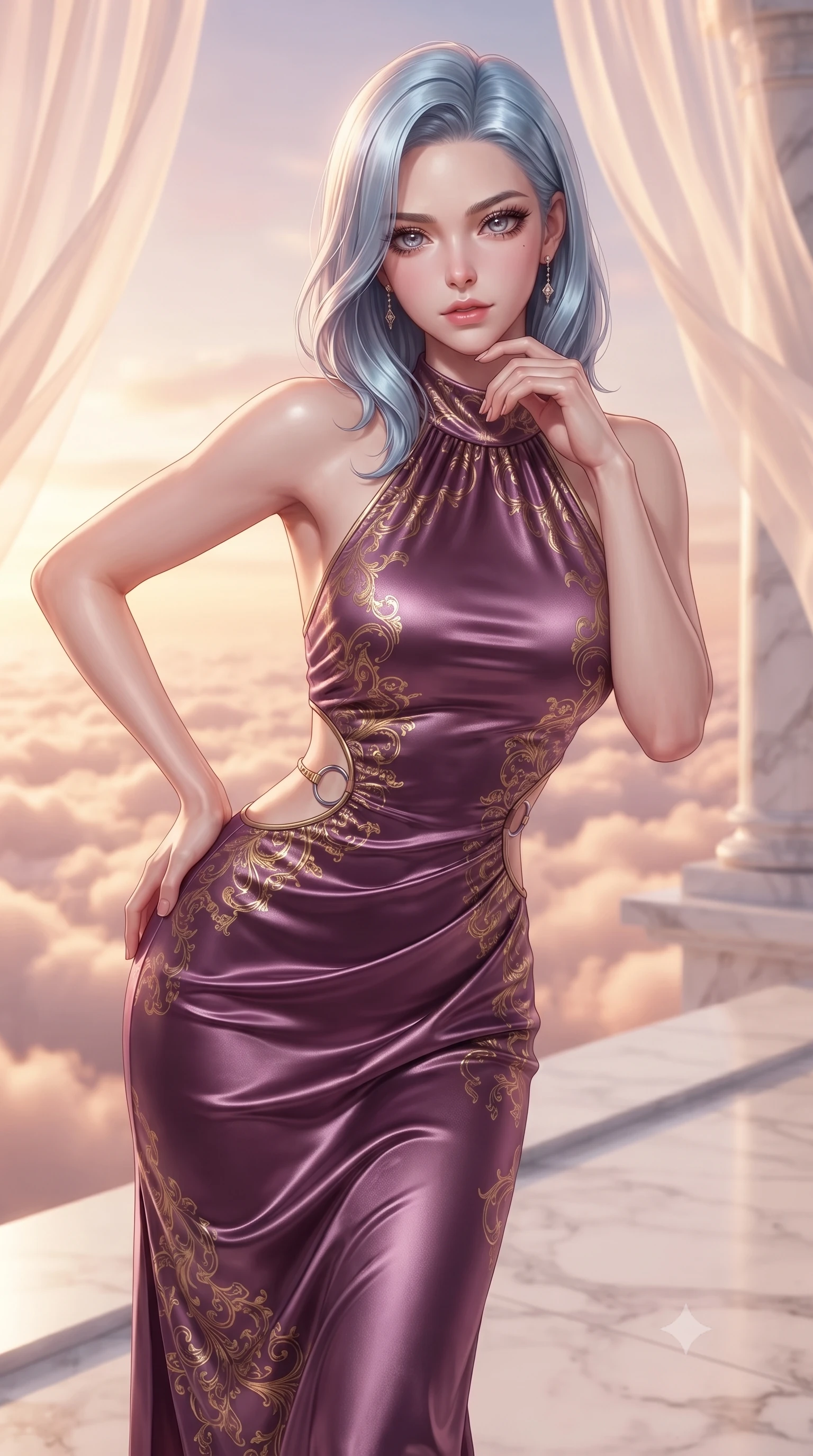score_9, masterpiece, best quality, ultra-detailed, high-budget anime keyframe, editorial fashion photography, tasteful artistic composition, Korean woman. close-up cowboy shot from the waist and thighs up, the character dominates the composition, filling the frame with her large presence, background elements kept in soft focus. Leaning slightly forward with a composed, seductive gaze under soft glowing light standing on a floating white marble terrace above a sea of rose-gold clouds, translucent silk curtains drifting lazily in a warm sky breeze. She has an exceptionally elegant, slender, and willowy female figure with an ultra-slim waist, a gracefully sculpted slender torso, and a refined silhouette. sharp v-shaped jawline, high-bridge nose, intricate jewel-like eyes with depth, thick eyelashes, glossy lips with a natural sheen. wearing a velvet halter-neck midi dress following her form like a glove in plum purple and gold filigree, crafted from lustrous satin jersey with fluid draping, accented with delicate chrome ring hardware framing her waist, the sleek second-skin texture accentuating her magnetic presence. lit by brilliant warm key light softening into smooth, elegant gradients. highly saturated vibrant anime colors, detailed shading with soft gradients, rich glossy textures, high-contrast stereoscopic depth, volumetric dynamic lighting, master piece, 9:16 ratio