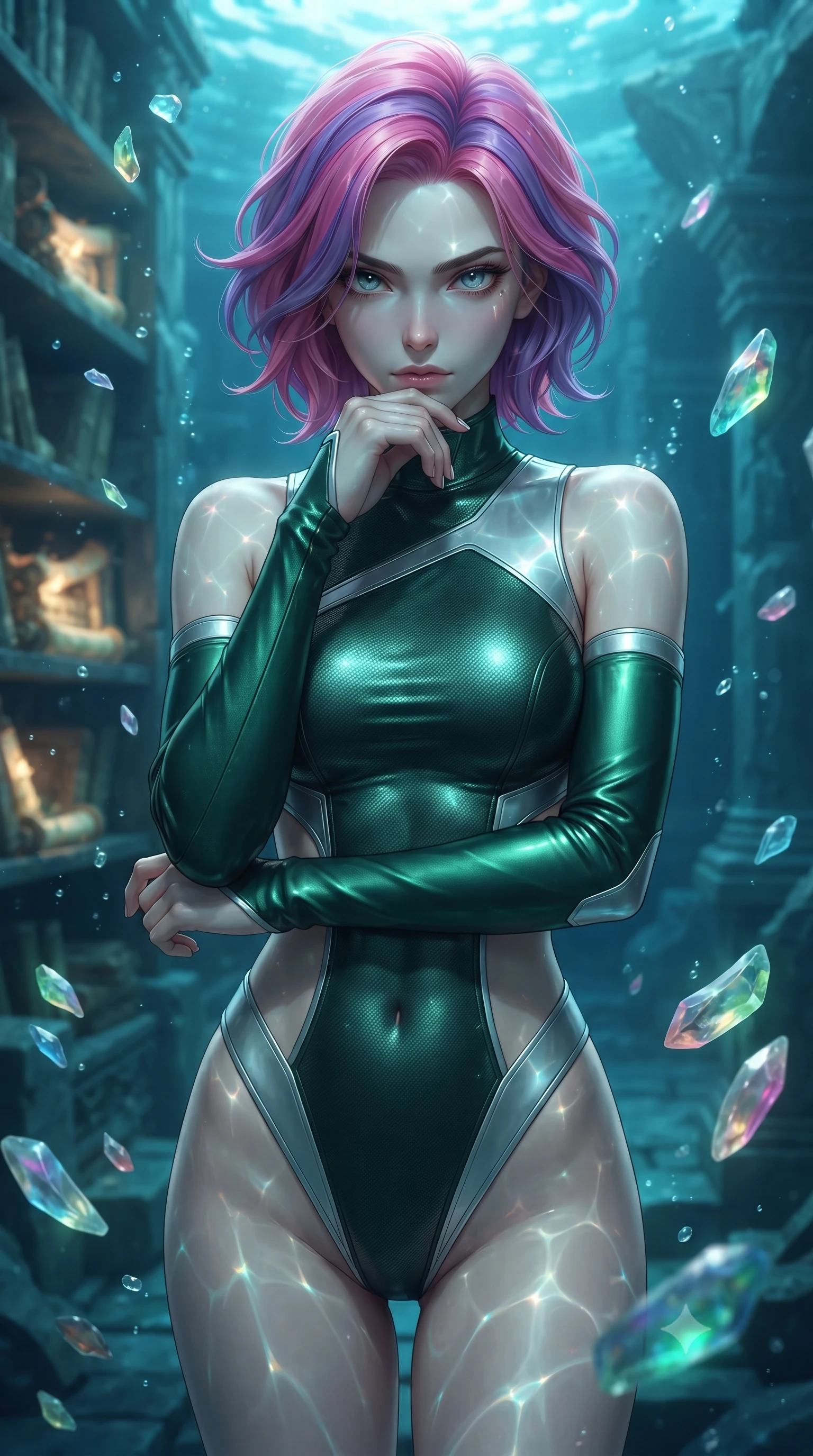 score_9, masterpiece, best quality, ultra-detailed, high-budget anime keyframe, editorial fashion photography, tasteful artistic composition, Caucasian woman. close-up cowboy shot from the waist and thighs up, the character dominates the composition, filling the frame with her large presence, background elements kept in soft focus. Resting her chin on the backs of her fingers, casting a sharp, mysterious gaze navigating a submerged ancient library surrounded by floating glowing scrolls, translucent sea glass fragments drifting gracefully around her. She has an exceptionally elegant, slender, and willowy female figure with an ultra-slim waist, a gracefully sculpted slender torso, and a refined silhouette. sharp v-shaped jawline, high-bridge nose, intricate jewel-like eyes with depth, thick eyelashes, glossy lips with a natural sheen. wearing an asymmetrical high-cut tech-bodysuit with detached sleeves in deep emerald green and silver accent, made of fine carbon-fiber weave and soft matte leather, featuring clean architectural cutouts along her slender torso, the form-contouring material highlighting her ultra-slim waist and long lines. surrounded by a shimmering ocean aura with bright pearl-white rim lights. ultra-reflective glossy finish, specular highlights, metallic sheen, high-contrast stereoscopic depth, volumetric dynamic lighting, 2k, ultra detail, master piece, 9:16 ratio