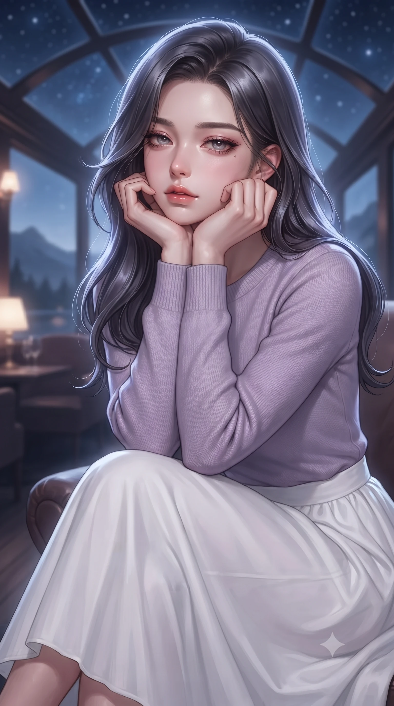 score_9, masterpiece, best quality, ultra-detailed, high-budget anime keyframe, editorial fashion photography, tasteful artistic composition, Korean woman. close-up cowboy shot from the waist and thighs up, the character dominates the composition, filling the frame with her large presence, background elements kept in soft focus. resting her chin on the backs of her fingers, casting a heavy-lidded, sultry look past the camera the background shows a soft-focus a scenic train bar lounge with glass ceilings showing stars and mountain outlines. She has an exceptionally elegant, slender, and willowy female figure with an ultra-slim waist, a gracefully sculpted slender torso, and a refined silhouette. sharp v-shaped jawline, high-bridge nose, intricate jewel-like eyes with depth, thick eyelashes, glossy lips with a natural sheen. wearing a tailored soft lavender knit sweater paired with a flowy white cotton maxi skirt. soft silver moonlight wrapping her silhouette in a cool cosmic glow. ultra-reflective glossy finish, specular highlights, metallic sheen, high-contrast stereoscopic depth, volumetric dynamic lighting, 2k, ultra detail, master piece, 9:16 ratio