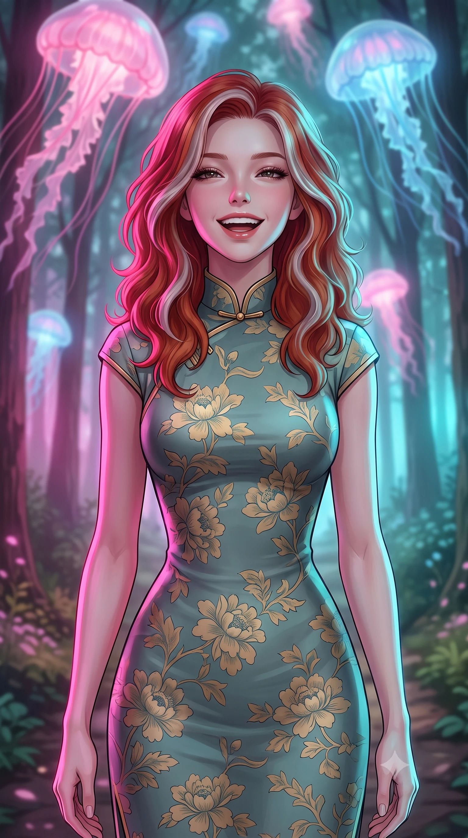 score_9, masterpiece, best quality, ultra-detailed, high-budget anime keyframe, editorial fashion photography, tasteful artistic composition, Caucasian woman, strictly human ears. close-up cowboy shot from the waist and thighs up, the character dominates the composition, filling the frame with her large presence, background elements kept in soft focus. Gently laughing with her head tilted back slightly in relaxed joy. set against a soft-focus background of walking along a forest path under a canopy of giant floating jellyfish-like creatures that drift between trees, emitting soft pink and blue light. She has an exceptionally elegant, slender, and willowy female figure with a highly-defined ultra-slim waist, a gracefully sculpted slender torso, and a refined slim-fit silhouette that contours her form. sharp v-shaped jawline, high-bridge nose, intricate jewel-like eyes with depth, thick eyelashes, glossy lips with a natural sheen. wearing a form-fitting modern fusion qipao-inspired midi dress in muted teal and gold floral print with a mandarin collar. dual-tone lighting with hot magenta from the left and cool cyan from the right. 2k, ultra detail, master piece, 9:16 ratio