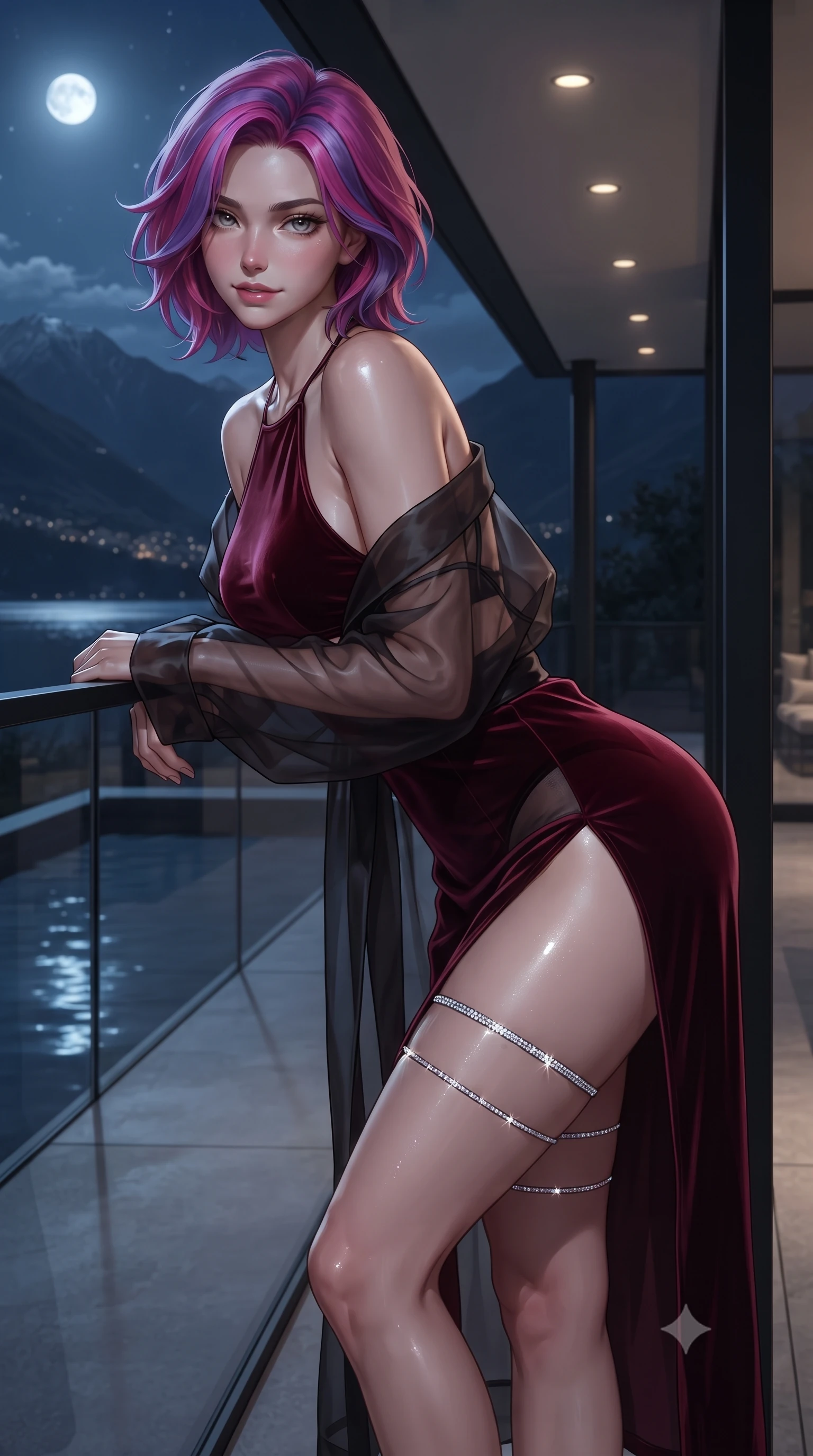 score_9, masterpiece, best quality, ultra-detailed, high-budget anime keyframe, editorial fashion photography, tasteful artistic composition, Caucasian woman. close-up cowboy shot from the waist and thighs up, the character dominates the composition, filling the frame with her large presence. leaning forward while arching her lower back to accentuate her curvy hips, looking into the camera with an intoxicating smoldering gaze and bedroom-eyes while leaning against the black structural glass wall with hips cocked back, looking over a bare shoulder toward the moonlit Italian Alps. The surrounding environment is rendered in vivid detail and crisp panoramic clarity: detailed backless halterneck column dress drape, dewy skin highlights, and Italian architectural minimalism in high resolution. She has an exceptionally elegant, slender, and willowy female figure with an ultra-slim waist, flat toned midriff, narrow ribcage, and sculpted feminine hips creating an alluring, slim hourglass silhouette without bulk. sharp v-shaped jawline, high-bridge nose, sparkling eyes with hypnotic seductive depth, thick curled eyelashes, glossy parted lips with a natural dewy peach sheen, alluring bedroom-eyes with an enchanting coquettish smile, exuding magnetic siren charisma and sophisticated glamour, flawlessly proportioned anatomical accuracy, strict slender model proportions, natural body alignment, perfectly sculpted long slender limbs, ultra-slim waistline, clean dynamic posture without body distortion. wearing a sheer organza kimono robe worn loose and slipping off bare shoulders over a matching satin bralette and high-waisted briefs in rich cherry lacquer and smoky charcoal, tailored from ultra-plush velvet with rich tactile depth and deep shadow gradients, finished with delicate crystal-encrusted thigh garter straps glinting in the dim light, the form-contouring silhouette accentuating her sculpted flat midriff, narrow delicate ribcage, and gracefully curvy hips with intoxicating allure. bathed in cool moonlight reflecting from the lake surface mixed with warm recessed terrace lighting. ultra-reflective glossy finish, specular highlights, rich textural contrasts, high-contrast stereoscopic depth, volumetric dynamic lighting, 2k, ultra detail, master piece, 9:16 ratio
